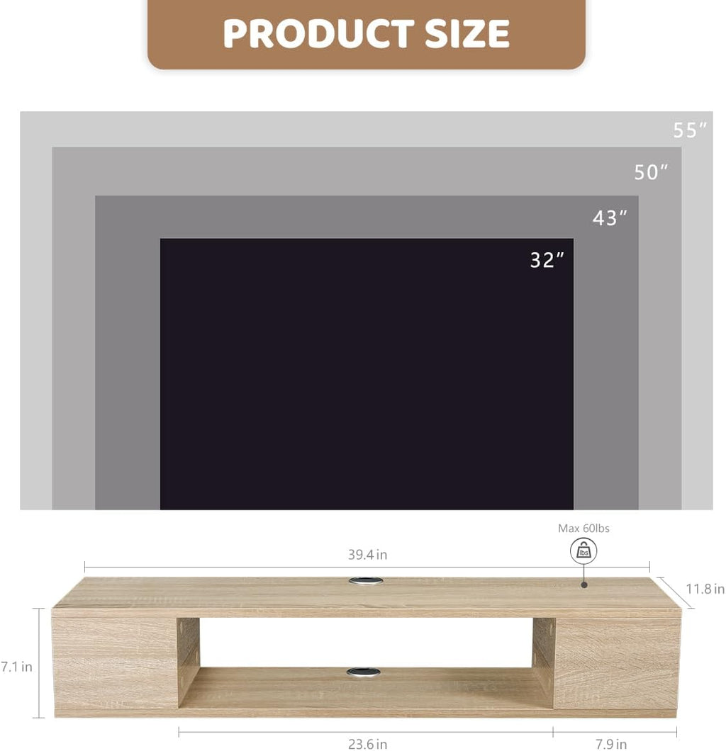 GHC Floating TV Stand, Wall Mounted Entertainment Center and Cabinet Shelf, TV Console with Storage, Media Console for DVD Player, Space-Saving Under TV Shelf for Living Room (Natural Oak)