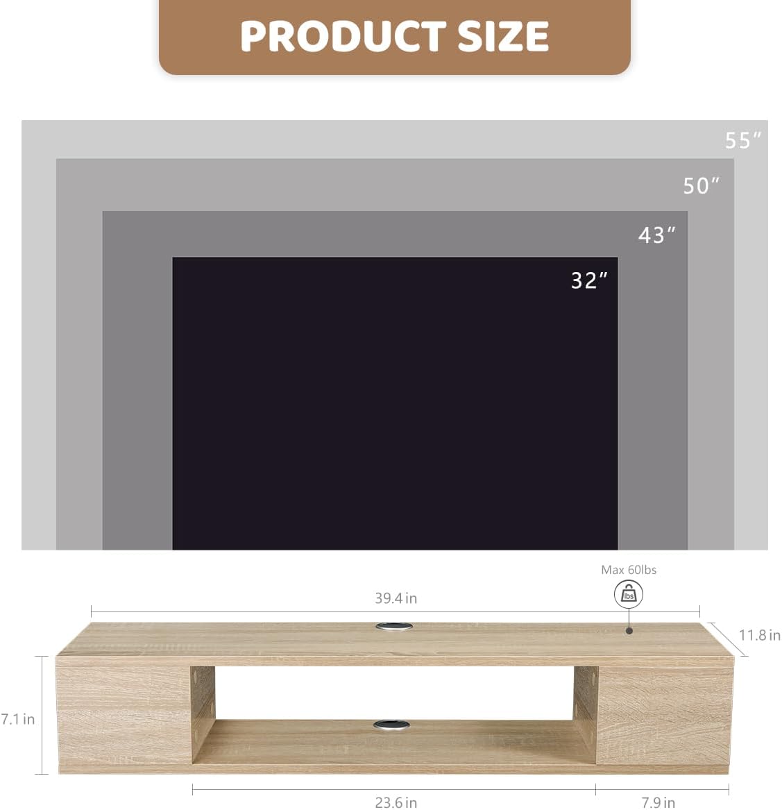 GHC Floating TV Stand, Wall Mounted Entertainment Center and Cabinet Shelf, TV Console with Storage, Media Console for DVD Player, Space-Saving Under TV Shelf for Living Room (Natural Oak)