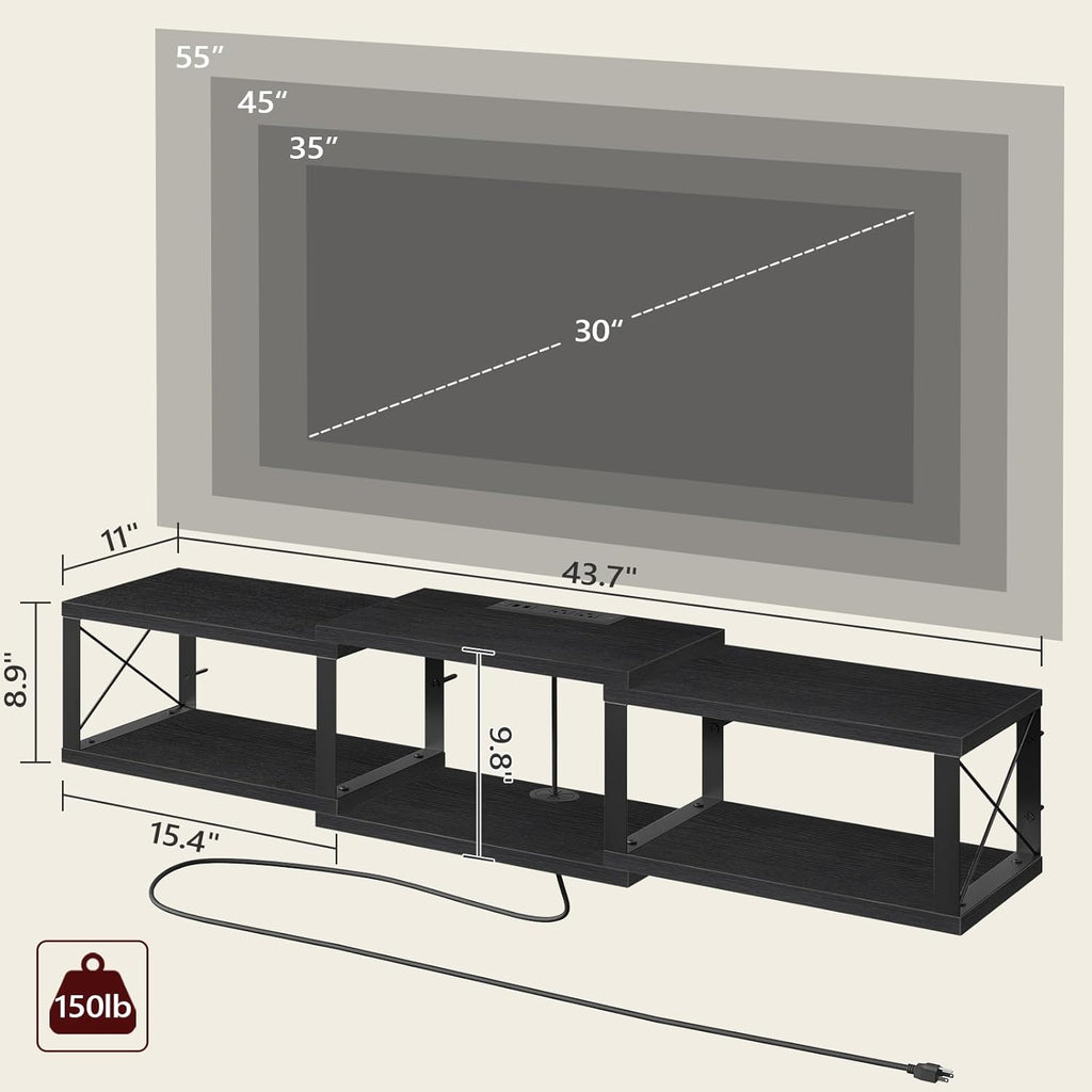Floating TV Stand with Power Outlet, Wall-Mounted Entertainment Center with Storage, Floating Metal Frame Media Console Shelf for Under TV Storage, for Living Room, Bedroom, Black TVHB101E01