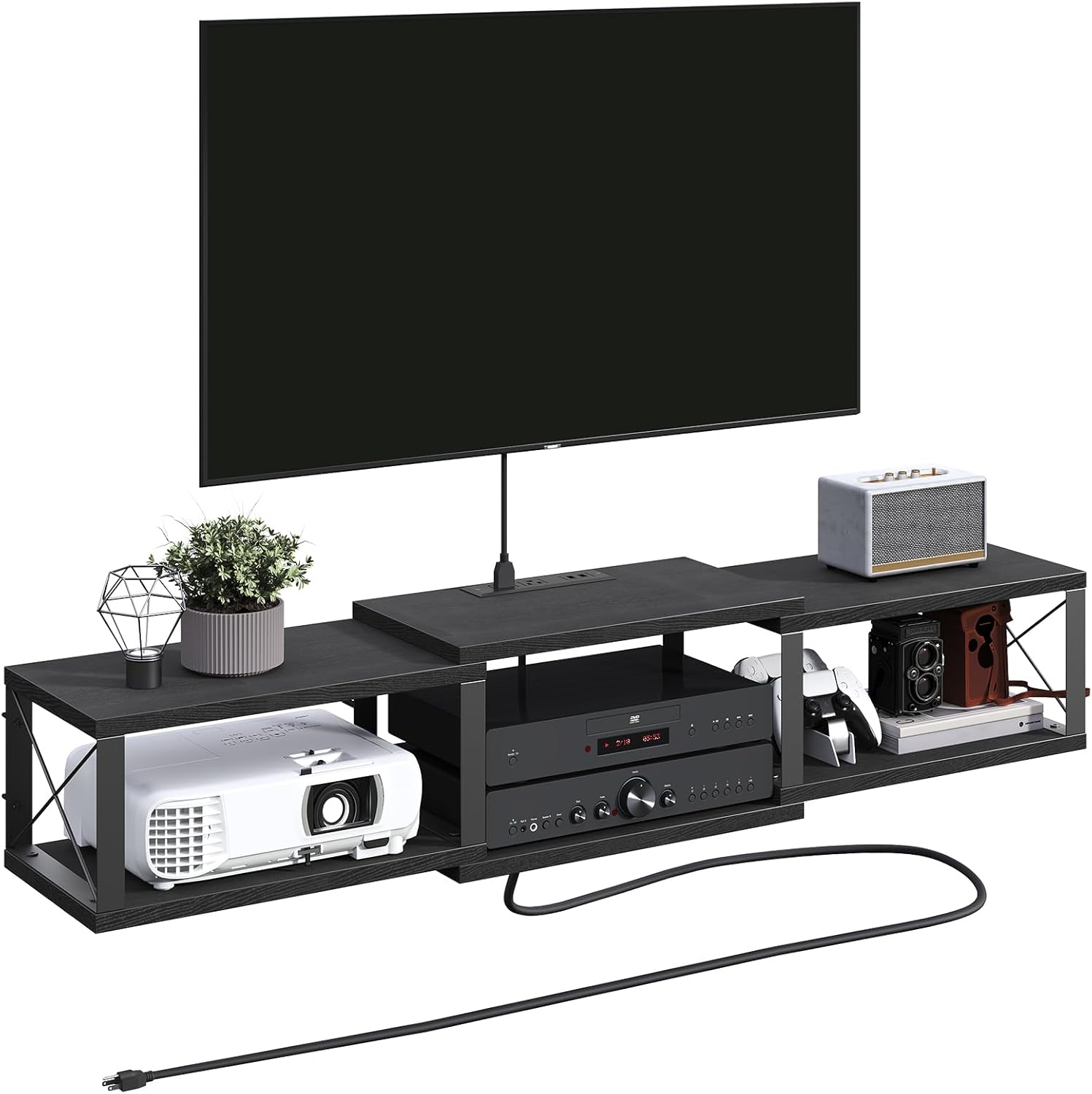 Floating TV Stand with Power Outlet, Wall-Mounted Entertainment Center with Storage, Floating Metal Frame Media Console Shelf for Under TV Storage, for Living Room, Bedroom, Black TVHB101E01