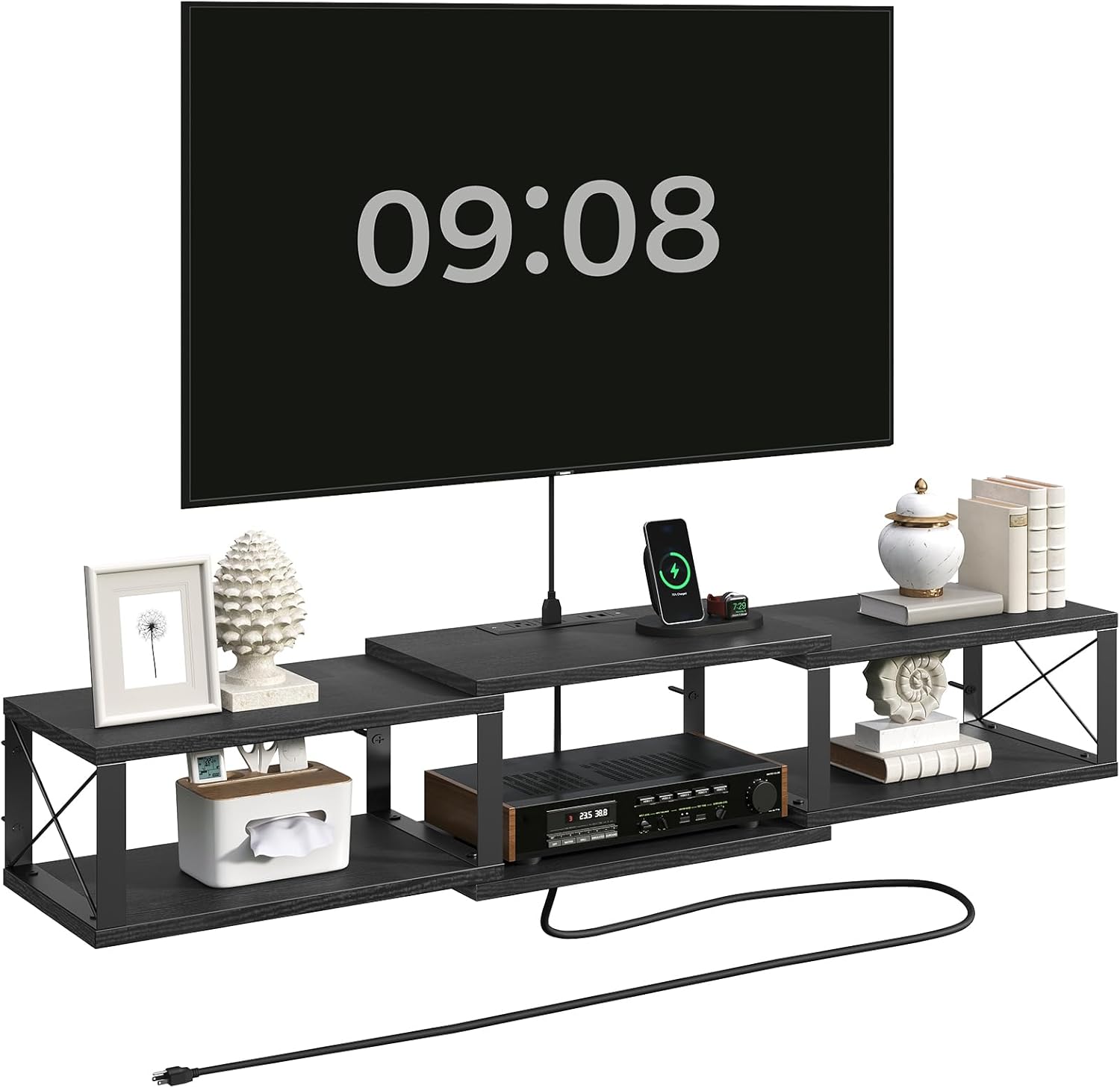Floating TV Stand with Power Outlet, Wall-Mounted Entertainment Center with Storage, Floating Metal Frame Media Console Shelf for Under TV Storage, for Living Room, Bedroom, Black TVHB101E01