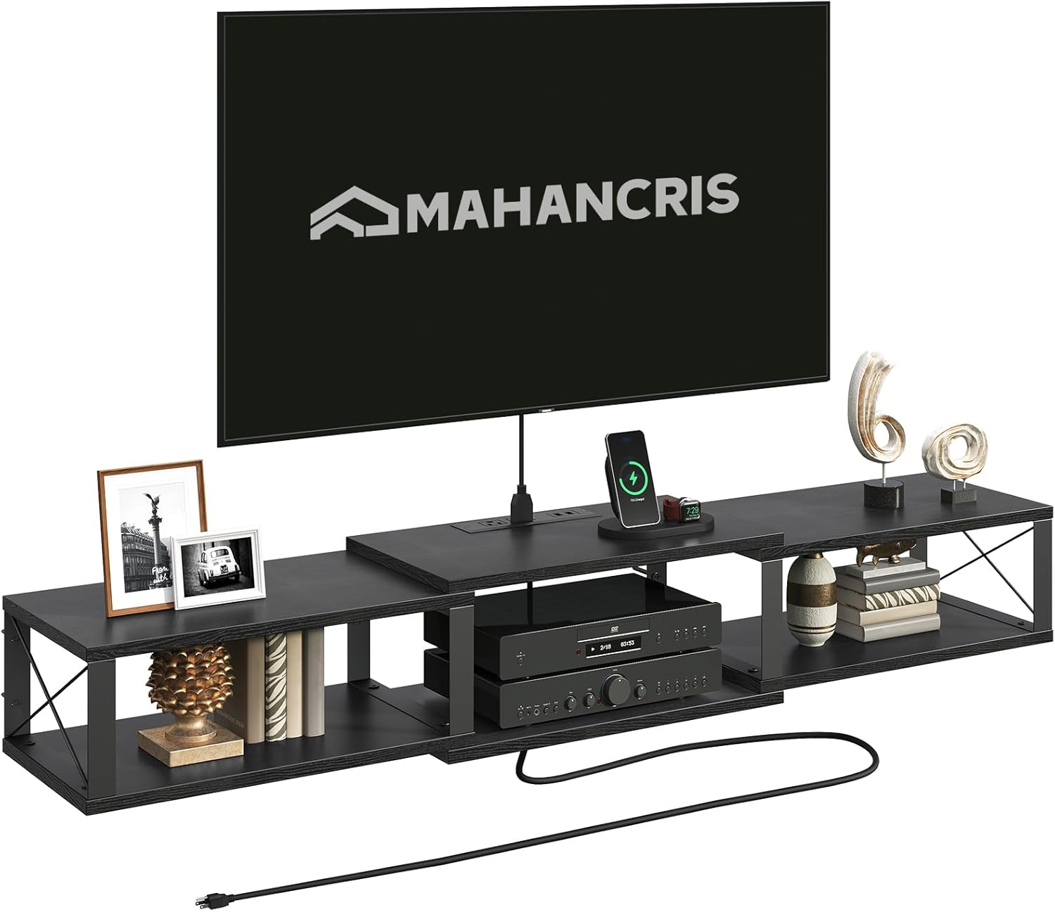 Floating TV Stand with Power Outlet, Wall-Mounted Entertainment Center with Storage, Floating Metal Frame Media Console Shelf for Under TV Storage, for Living Room, Bedroom, Black TVHB101E01