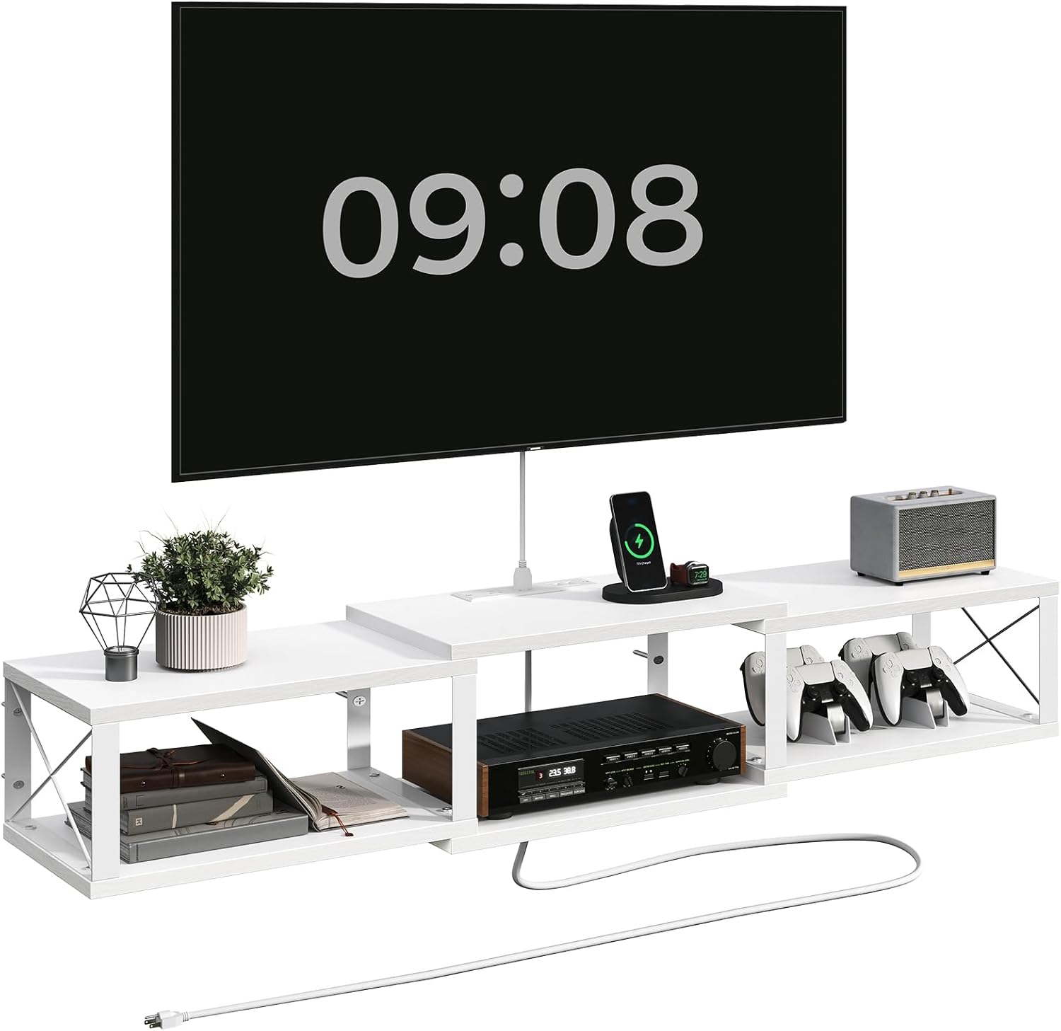 Floating TV Stand with Power Outlet, Wall-Mounted Entertainment Center with Storage, Floating Metal Frame Media Console Shelf for Under TV Storage, for Living Room, Bedroom, Black TVHB101E01