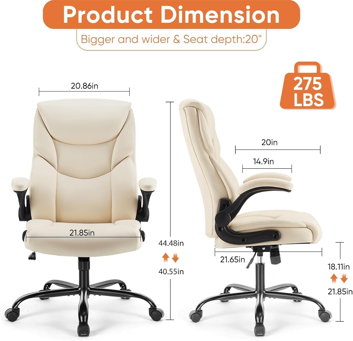 Sweetcrispy Ergonomic Office Chair Heavy Duty Task Desk Chair with Flip-up Arms, PU Leather, Adjustable Swivel Rolling Chair with Wheels, Beige