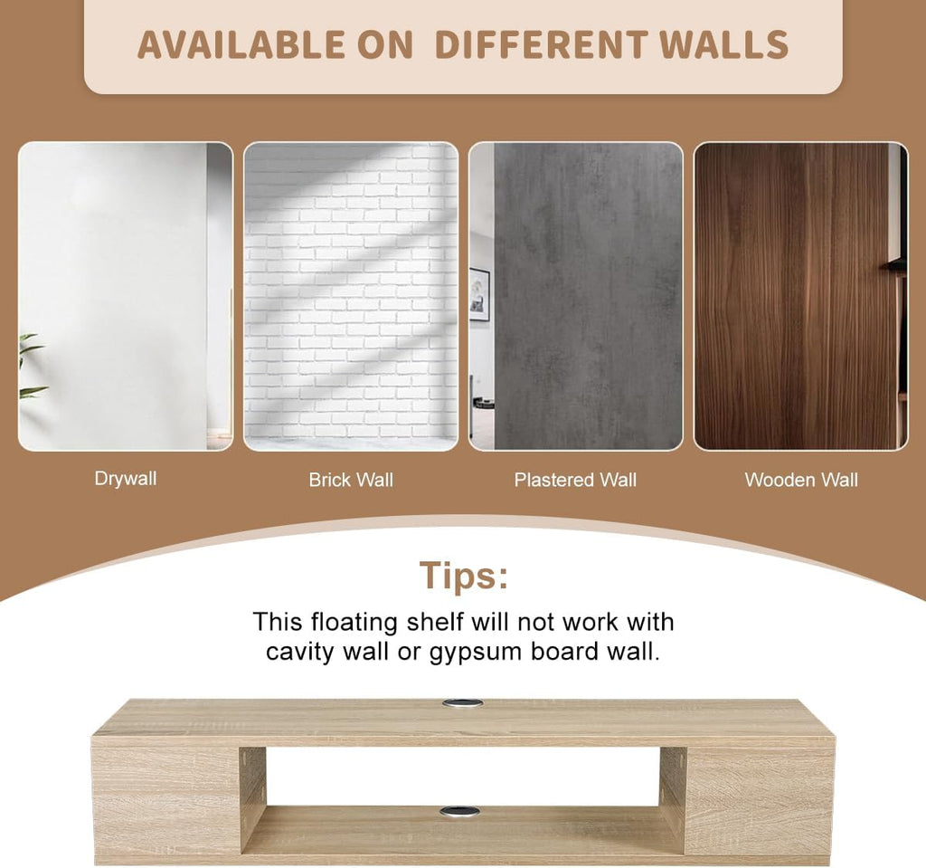 GHC Floating TV Stand, Wall Mounted Entertainment Center and Cabinet Shelf, TV Console with Storage, Media Console for DVD Player, Space-Saving Under TV Shelf for Living Room (Natural Oak)