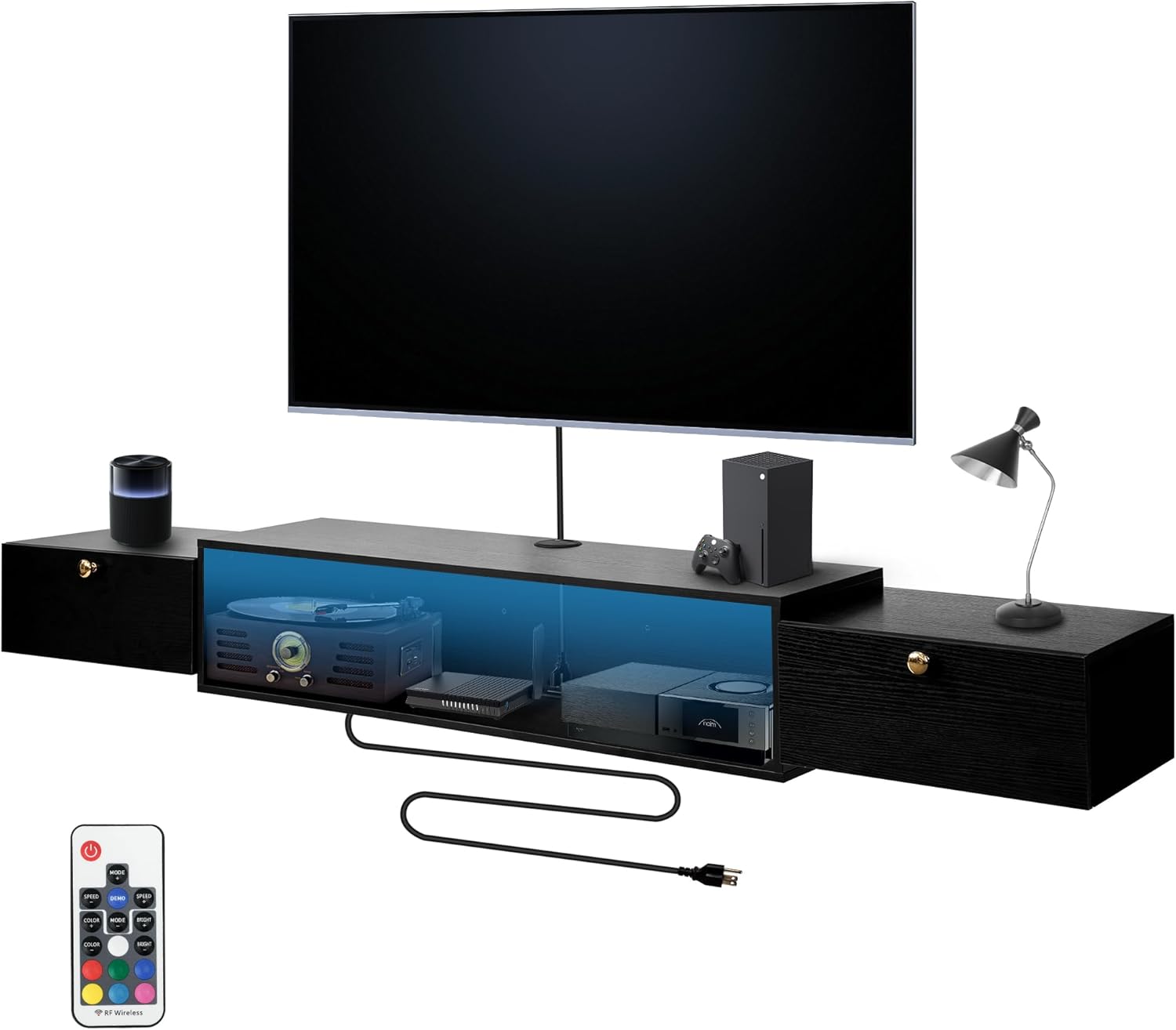 47.2'' Wall-Mounted Floating TV Stand with LED Lighting, Modern Wooden Media Console Shelf Featuring Built-in USB Ports and Electrical Outlets. Under-TV Storage for Living Room, Bedroom