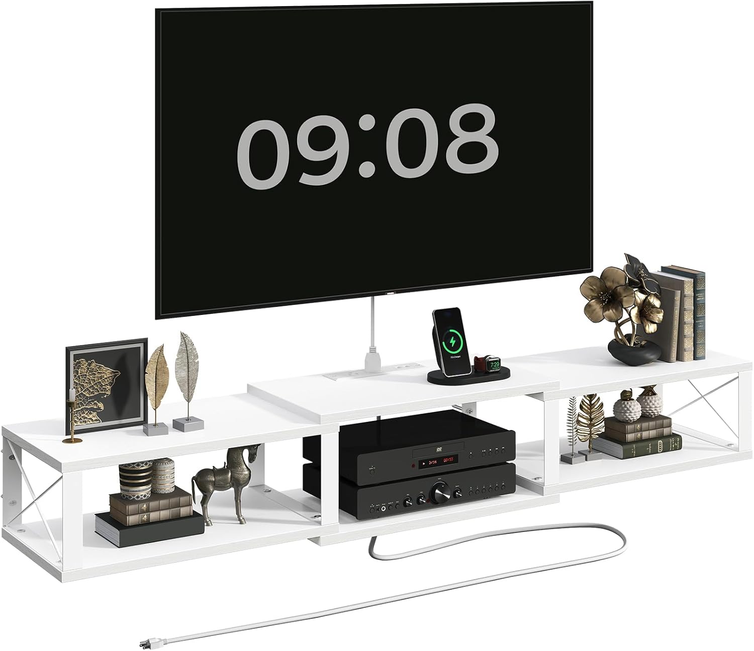 Floating TV Stand with Power Outlet, Wall-Mounted Entertainment Center with Storage, Floating Metal Frame Media Console Shelf for Under TV Storage, for Living Room, Bedroom, Black TVHB101E01