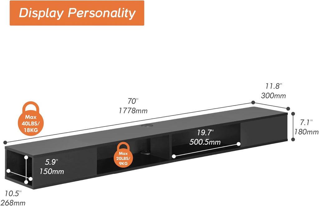 WAMPAT 70 inch Floating TV Shelf for TVs Up to 75 inch, Floating TV Stand with Storage Under TV for Living Room, Entertainment Center for Wall, Black