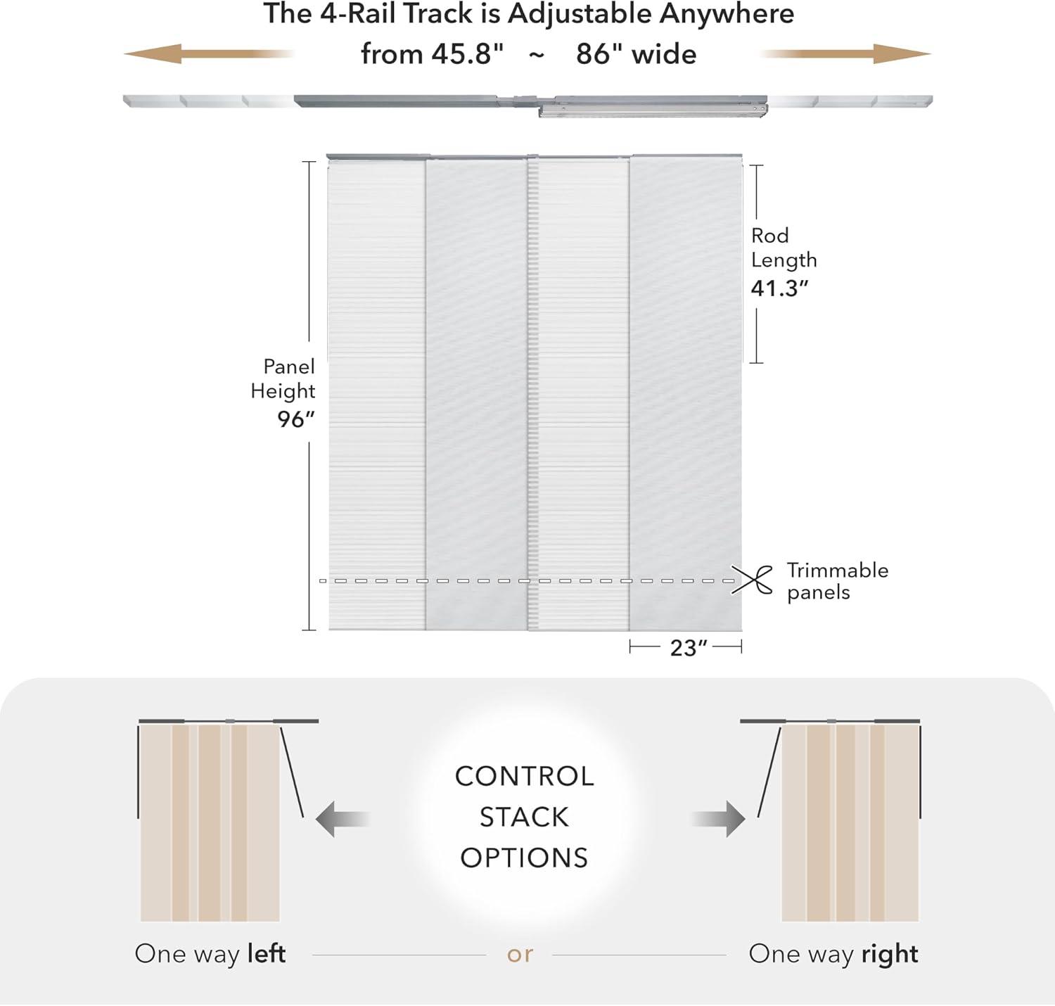 GoDear Design Adjustable Sliding Panel Hanging Room Dividers, Vertical Blind for Windows Doors, Extendable Track from 45.8" to 86" W, Trimmable Panel Curtains Up to 96", Semi-Sheer, Eclipse