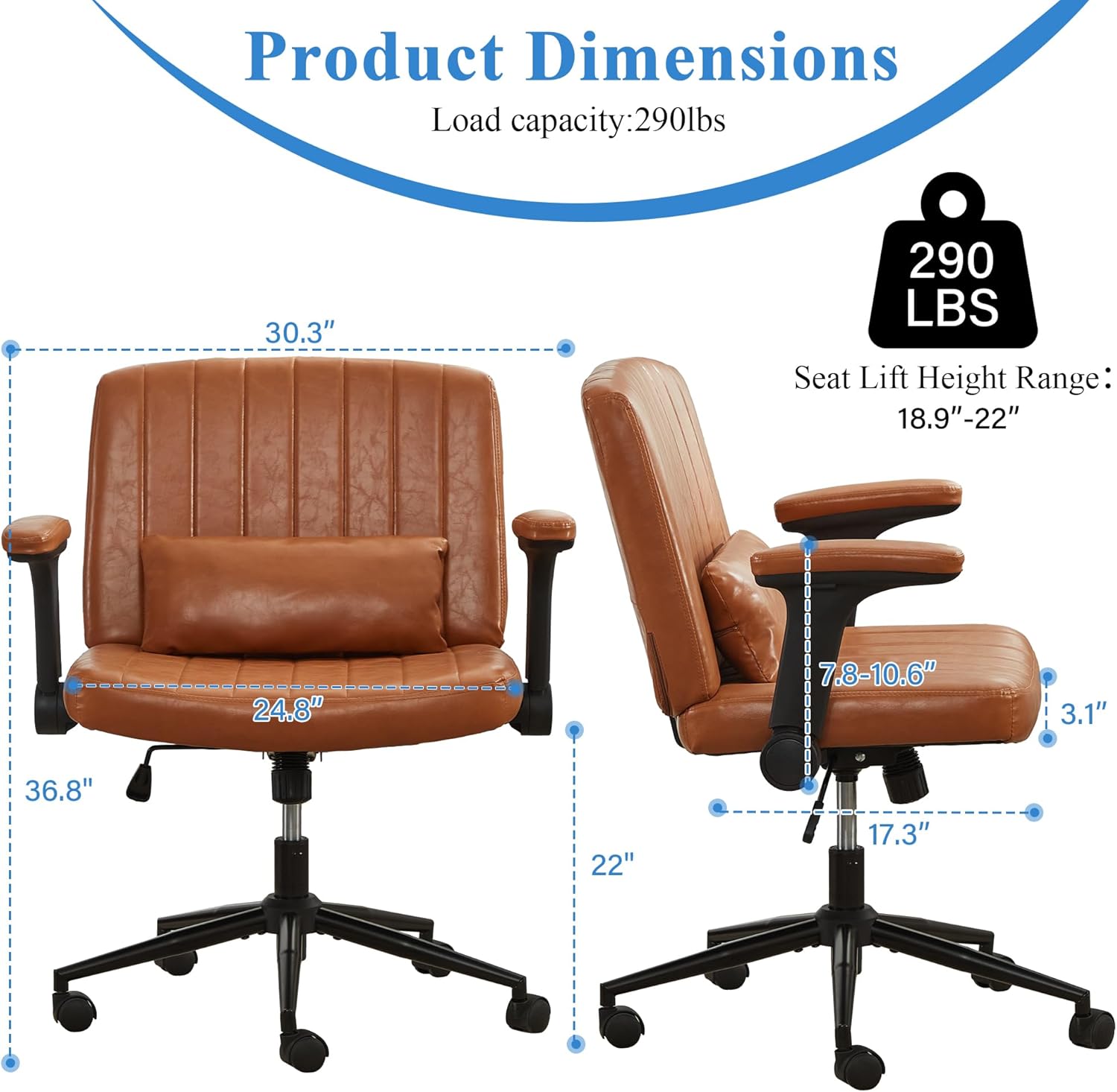 TUNYI Criss Cross Chair with Flip-Up Arms Wide Cross Legged Office Desk Chair Swivel Height Adjustable Computer Task Vanity Chair with Pillow/Wheels for Home Office, Dressing Room (Brown)