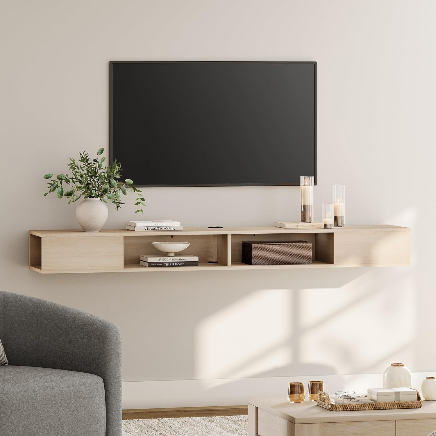 WAMPAT 70 inch Floating TV Shelf for TVs Up to 75 inch, Floating TV Stand with Storage Under TV for Living Room, Entertainment Center for Wall, Black