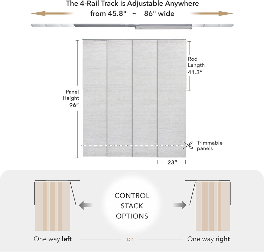 GoDear Design Adjustable Sliding Panel Track Blinds, Vertical Blinds, Room Dividers Walls, Closet Doors, Extendable Track from 45.8" to 86" W, Trimmable Panel Curtains Up to 96" H, Mica