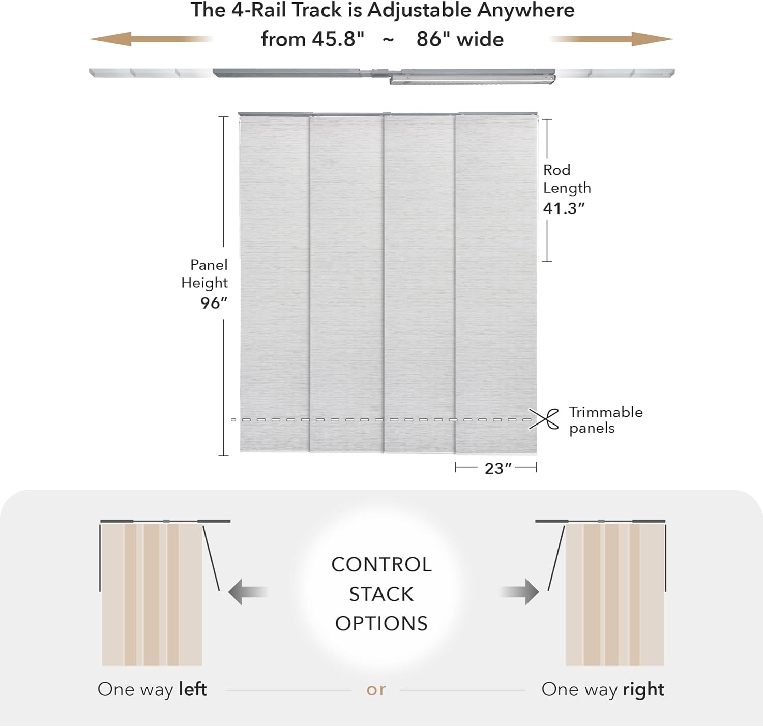 GoDear Design Adjustable Sliding Panel Track Blinds, Vertical Blinds, Room Dividers Walls, Closet Doors, Extendable Track from 45.8" to 86" W, Trimmable Panel Curtains Up to 96" H, Mica