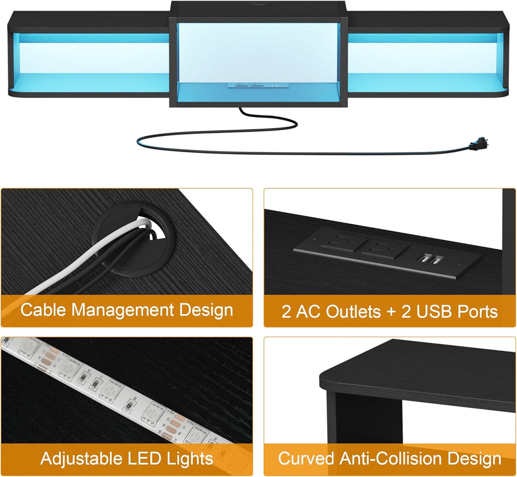 47.2'' Wall-Mounted Floating TV Stand with LED Lighting, Modern Wooden Media Console Shelf Featuring Built-in USB Ports and Electrical Outlets. Under-TV Storage for Living Room, Bedroom
