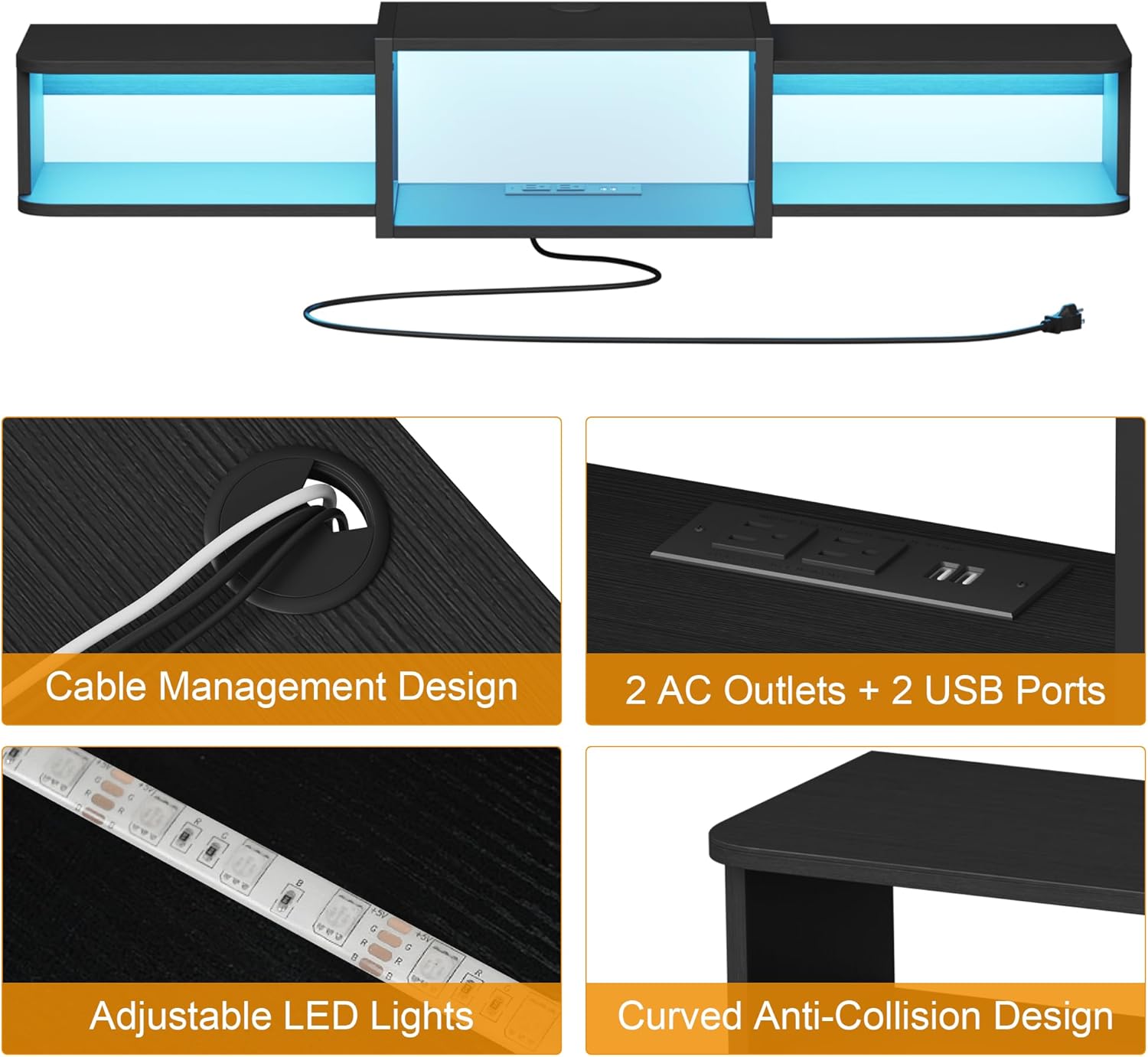 47.2'' Wall-Mounted Floating TV Stand with LED Lighting, Modern Wooden Media Console Shelf Featuring Built-in USB Ports and Electrical Outlets. Under-TV Storage for Living Room, Bedroom