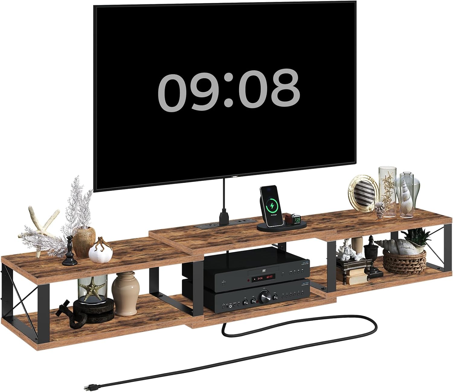 Floating TV Stand with Power Outlet, Wall-Mounted Entertainment Center with Storage, Floating Metal Frame Media Console Shelf for Under TV Storage, for Living Room, Bedroom, Black TVHB101E01