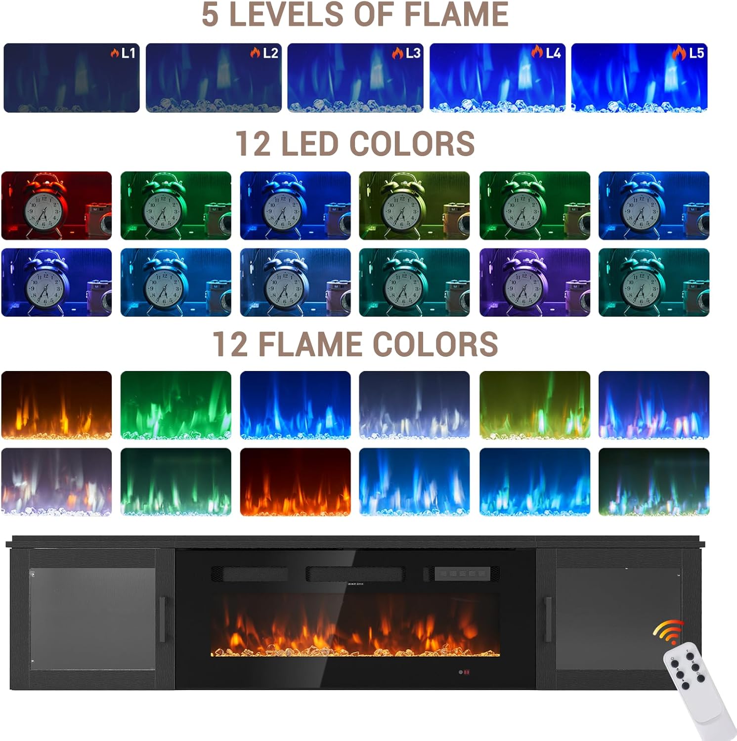 70" Floating TV Stand with 36" Electric Fireplace, High Gloss Finish Wall Mounted Fireplace Entertainment Center with Storage for TVs Up to 80", Black TV Stand and Black Fireplace