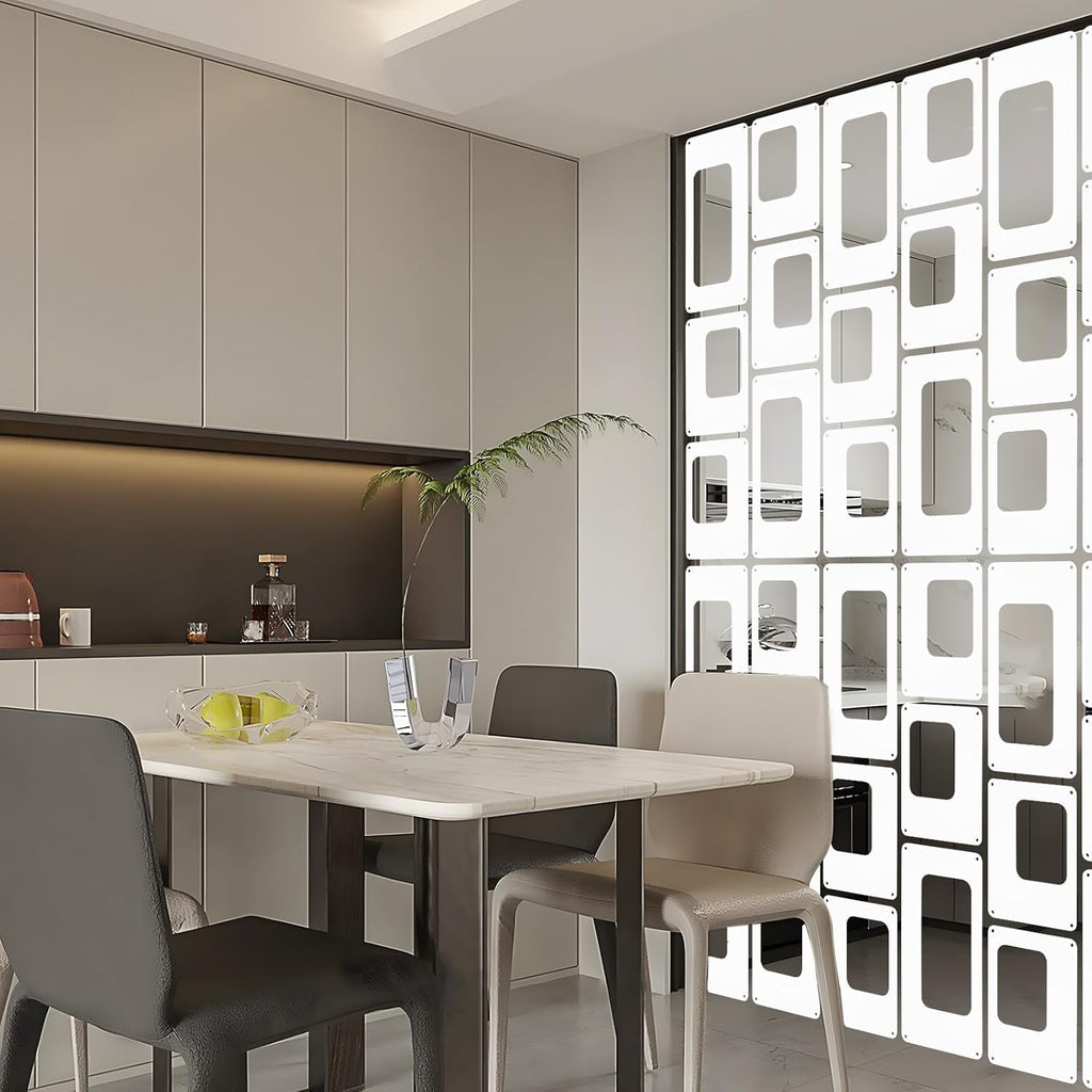 ANMINY 48 PCS Hanging Room Divider Decorative Thick Wall Privacy Screen Panels Set Modern Geometric Pattern Hollow Out Design for Bedroom Living Dining Room Kitchen Office Restaurant Decor - White