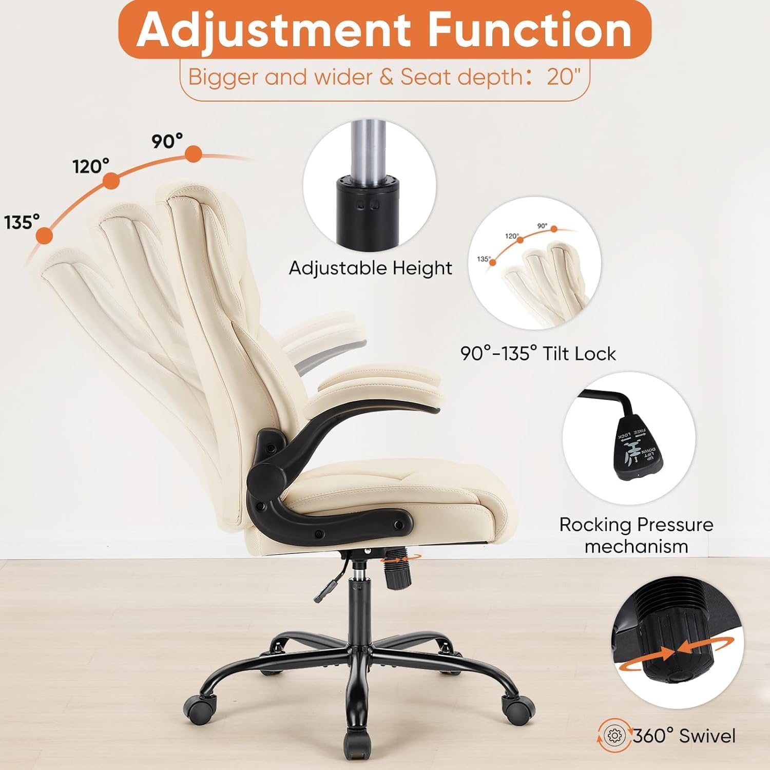 Sweetcrispy Ergonomic Office Chair Heavy Duty Task Desk Chair with Flip-up Arms, PU Leather, Adjustable Swivel Rolling Chair with Wheels, Beige