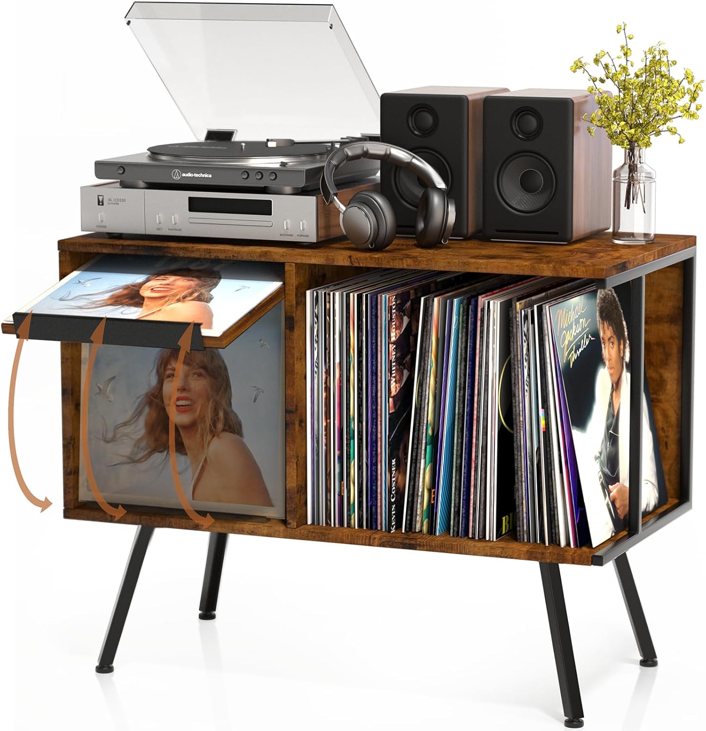 Flip Top Record Player Stand, Large Record Player Cabinet Holds up to 250+ Albums, Mid-Century Turntable Table with Open Storage, Vinyl Record Storage Display Shelf for Living Room, Bedroom, Vintage