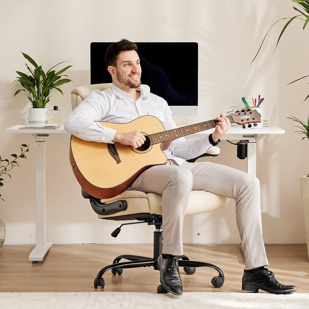 Sweetcrispy Ergonomic Office Chair Heavy Duty Task Desk Chair with Flip-up Arms, PU Leather, Adjustable Swivel Rolling Chair with Wheels, Beige