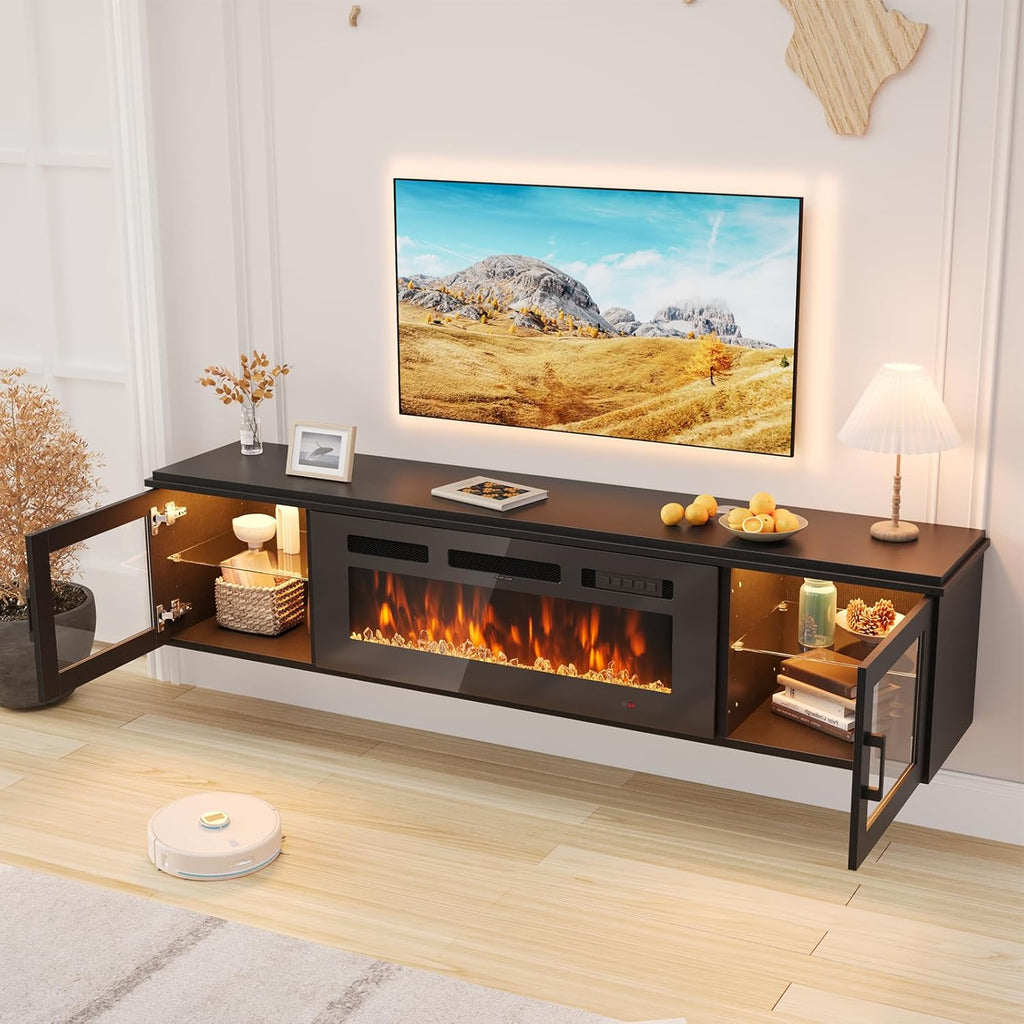 70" Floating TV Stand with 36" Electric Fireplace, High Gloss Finish Wall Mounted Fireplace Entertainment Center with Storage for TVs Up to 80", Black TV Stand and Black Fireplace