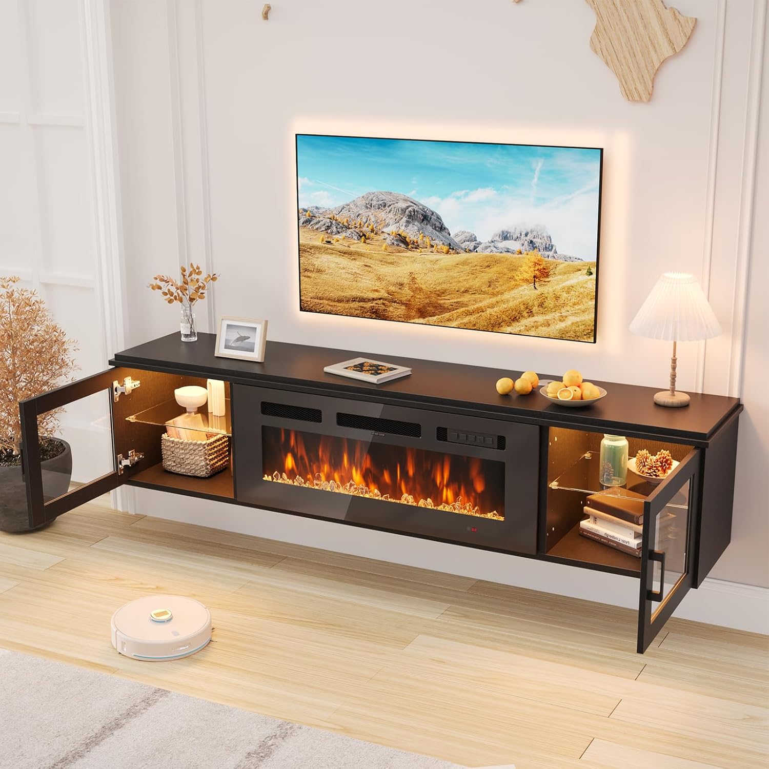 70" Floating TV Stand with 36" Electric Fireplace, High Gloss Finish Wall Mounted Fireplace Entertainment Center with Storage for TVs Up to 80", Black TV Stand and Black Fireplace