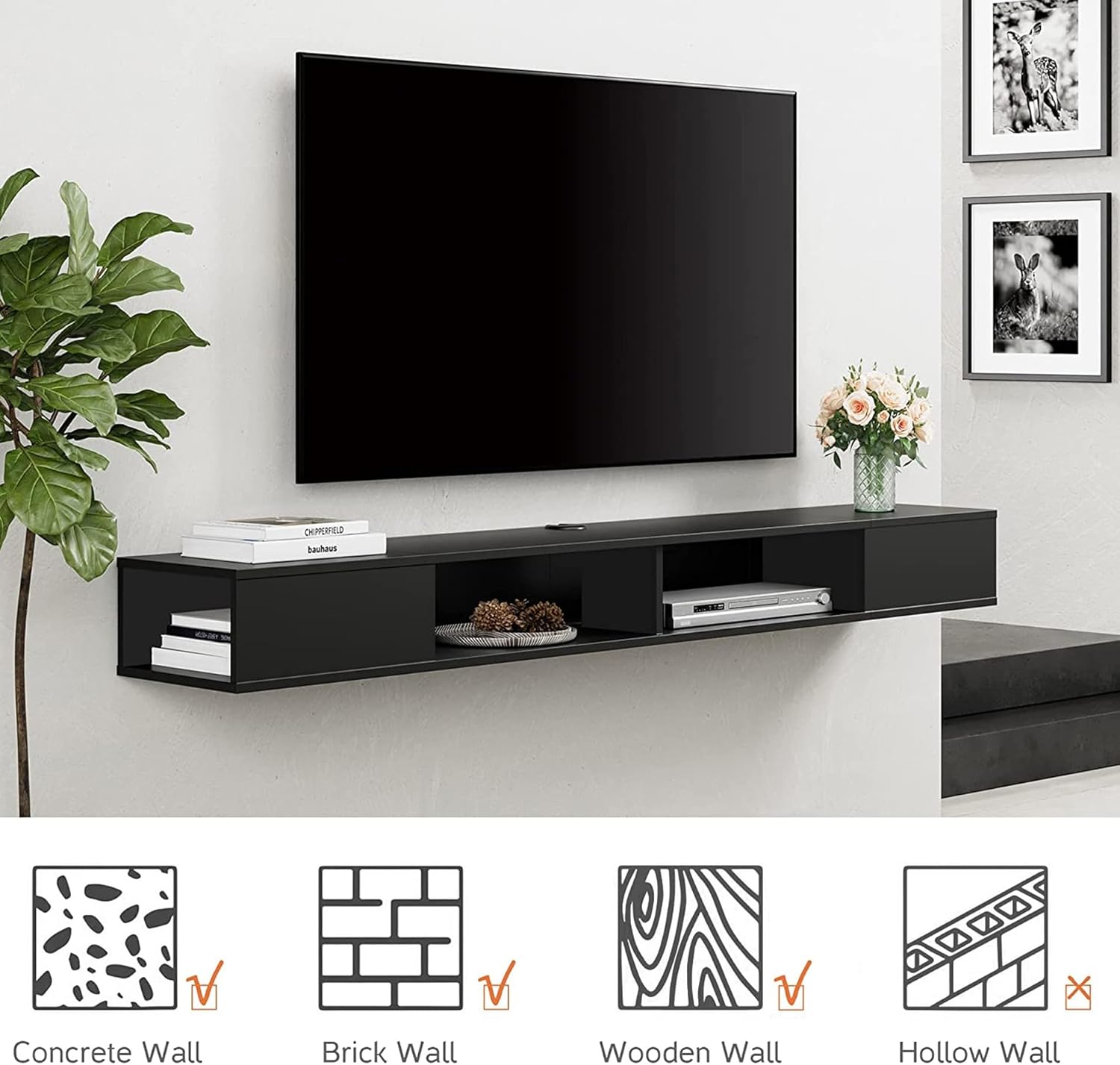 WAMPAT 70 inch Floating TV Shelf for TVs Up to 75 inch, Floating TV Stand with Storage Under TV for Living Room, Entertainment Center for Wall, Black