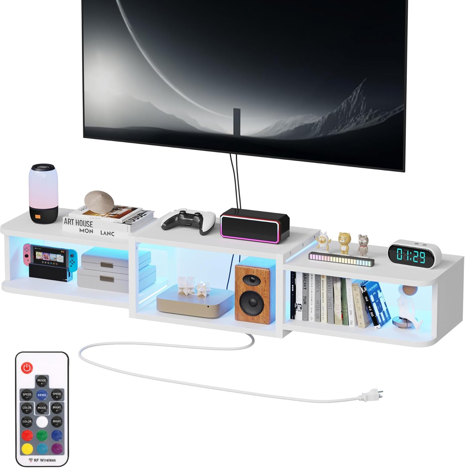 47.2'' Wall-Mounted Floating TV Stand with LED Lighting, Modern Wooden Media Console Shelf Featuring Built-in USB Ports and Electrical Outlets. Under-TV Storage for Living Room, Bedroom