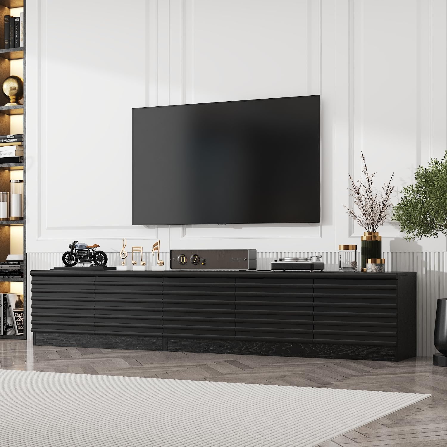 63” Floating TV Stand High Gloss TV Console with LED Lights, Wall Mount TV Console Table with 3 High Gloss Drawers, Floating Media Console for Living Room, Black, 13.8”D x 63”W x 9.8”H