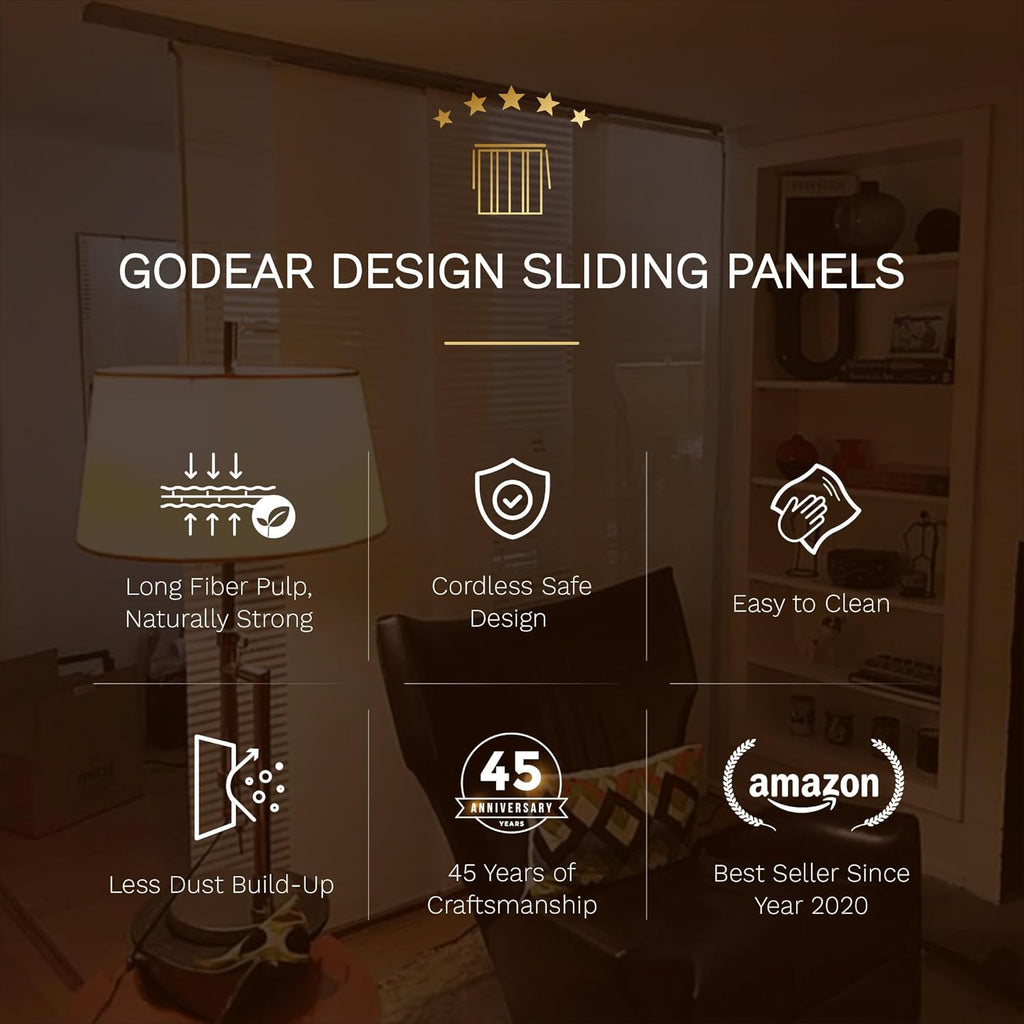 GoDear Design Adjustable Sliding Panel Track Blinds, Vertical Blinds, Room Dividers Walls, Closet Doors, Extendable Track from 45.8" to 86" W, Trimmable Panel Curtains Up to 96" H, Mica