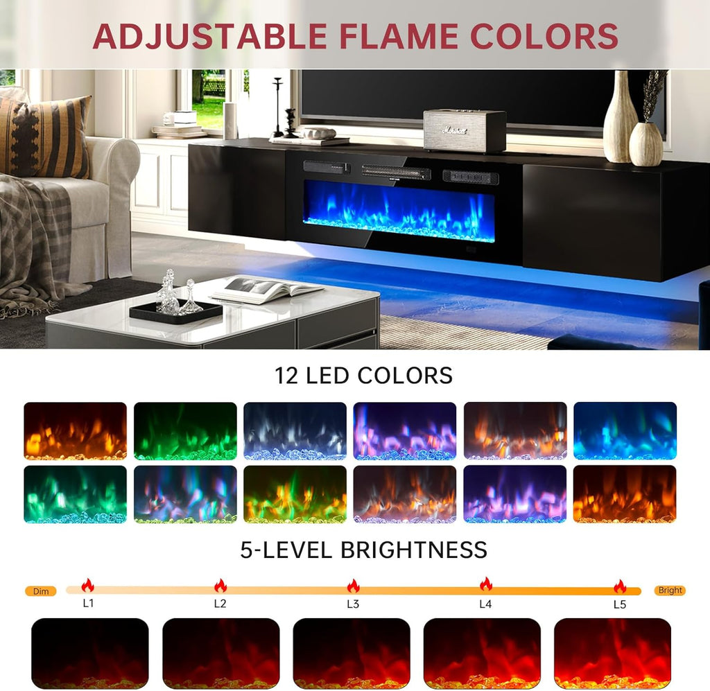 oneinmil 70" Floating TV Stand with 36" Electric Fireplace, Wall Mounted Fireplace Entertainment Center with Storage, Fire Place TV Console for Living Room, All Black