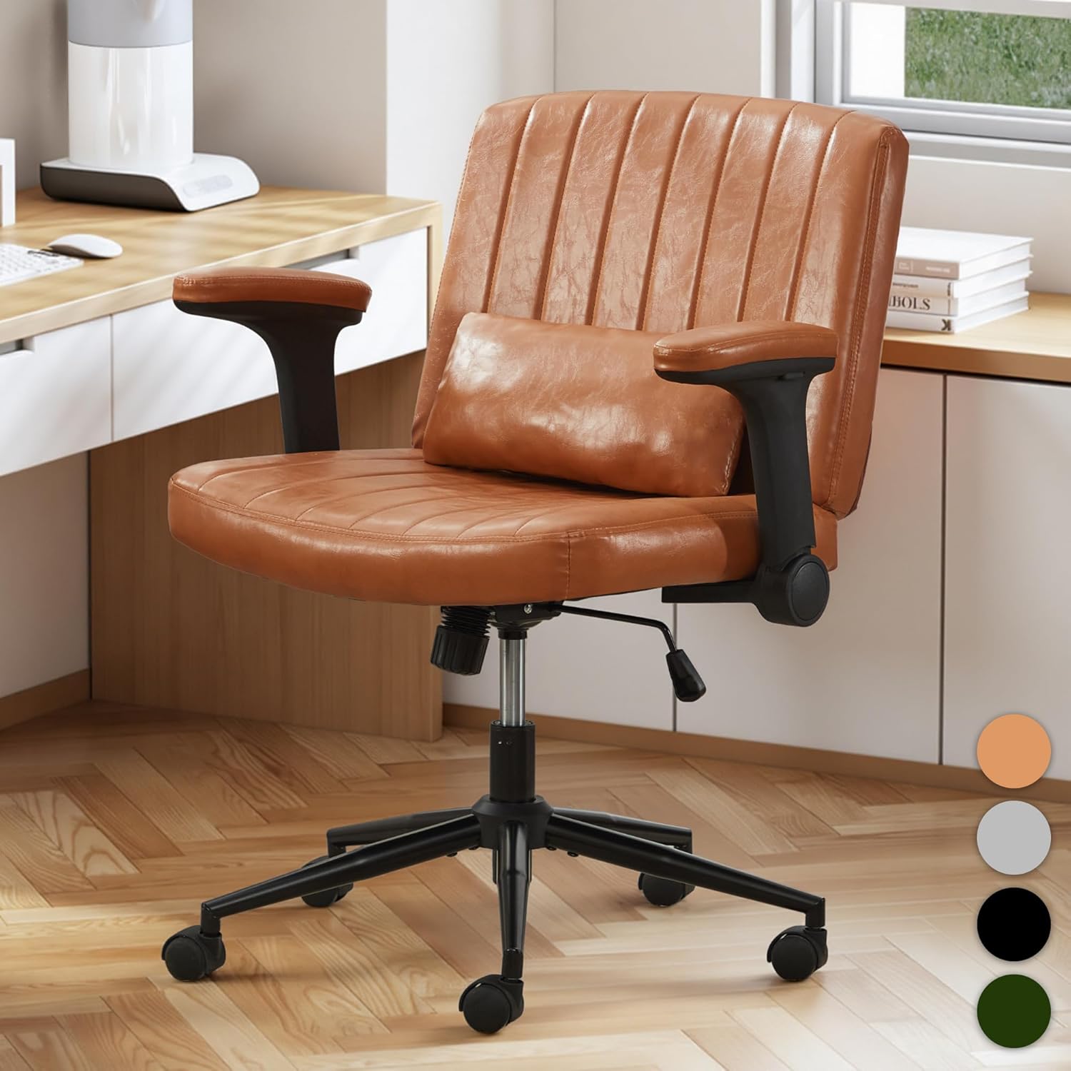 TUNYI Criss Cross Chair with Flip-Up Arms Wide Cross Legged Office Desk Chair Swivel Height Adjustable Computer Task Vanity Chair with Pillow/Wheels for Home Office, Dressing Room (Brown)