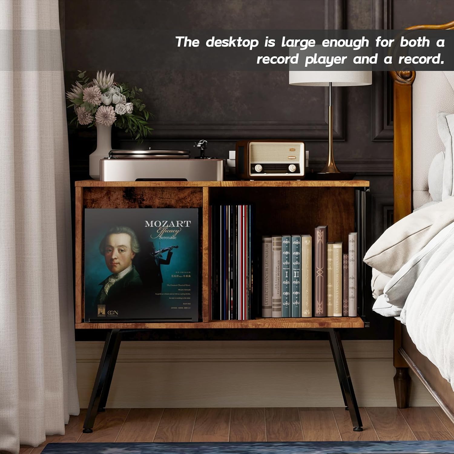 Flip Top Record Player Stand, Large Record Player Cabinet Holds up to 250+ Albums, Mid-Century Turntable Table with Open Storage, Vinyl Record Storage Display Shelf for Living Room, Bedroom, Vintage