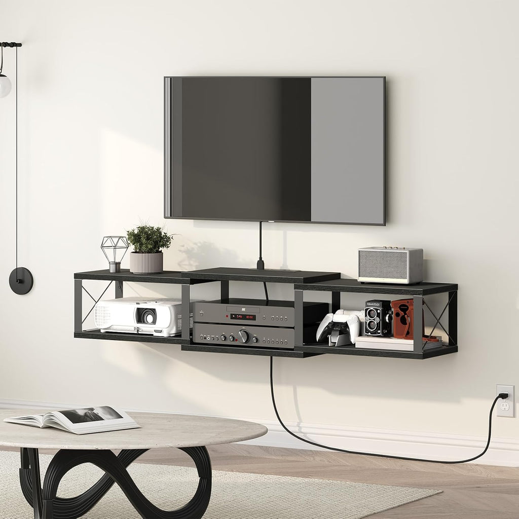 Floating TV Stand with Power Outlet, Wall-Mounted Entertainment Center with Storage, Floating Metal Frame Media Console Shelf for Under TV Storage, for Living Room, Bedroom, Black TVHB101E01