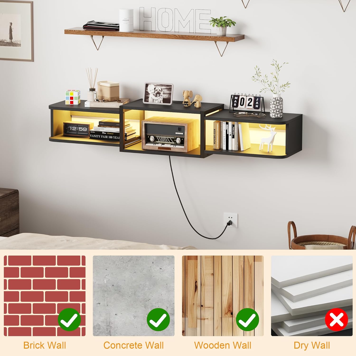 47.2'' Wall-Mounted Floating TV Stand with LED Lighting, Modern Wooden Media Console Shelf Featuring Built-in USB Ports and Electrical Outlets. Under-TV Storage for Living Room, Bedroom