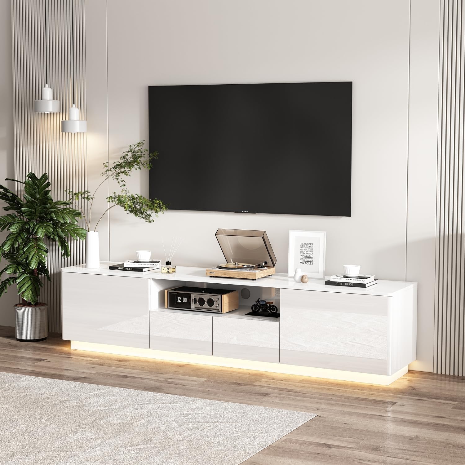 63” Floating TV Stand High Gloss TV Console with LED Lights, Wall Mount TV Console Table with 3 High Gloss Drawers, Floating Media Console for Living Room, Black, 13.8”D x 63”W x 9.8”H