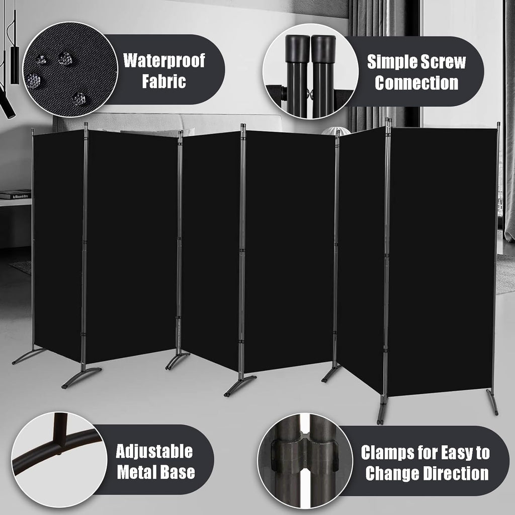 Room Divider-6 Panels Black Folding Privacy Screens, 6 ft Partition Room Dividers Wall for Separation, Home, Office, Classroom, Studio