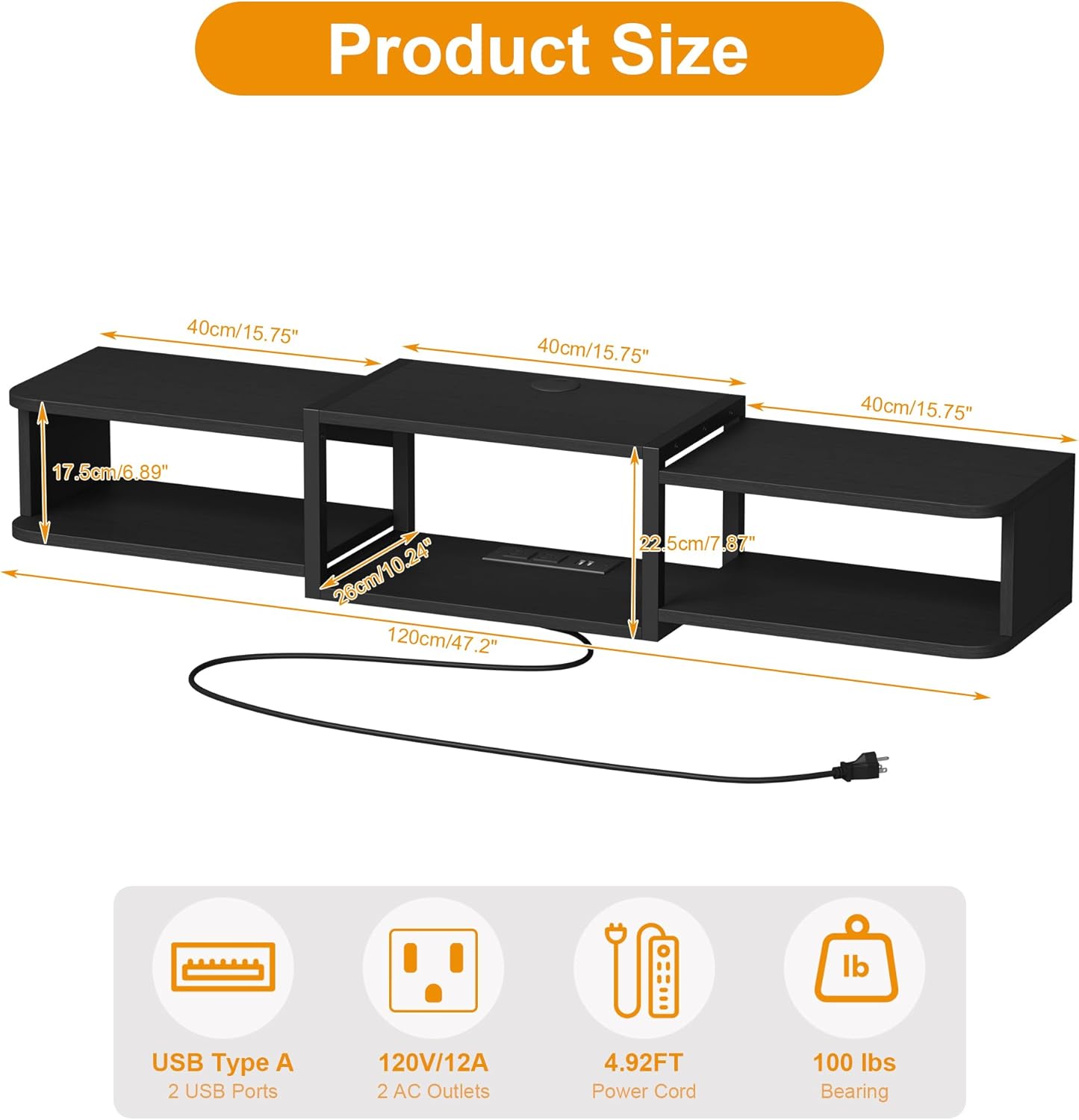 47.2'' Wall-Mounted Floating TV Stand with LED Lighting, Modern Wooden Media Console Shelf Featuring Built-in USB Ports and Electrical Outlets. Under-TV Storage for Living Room, Bedroom
