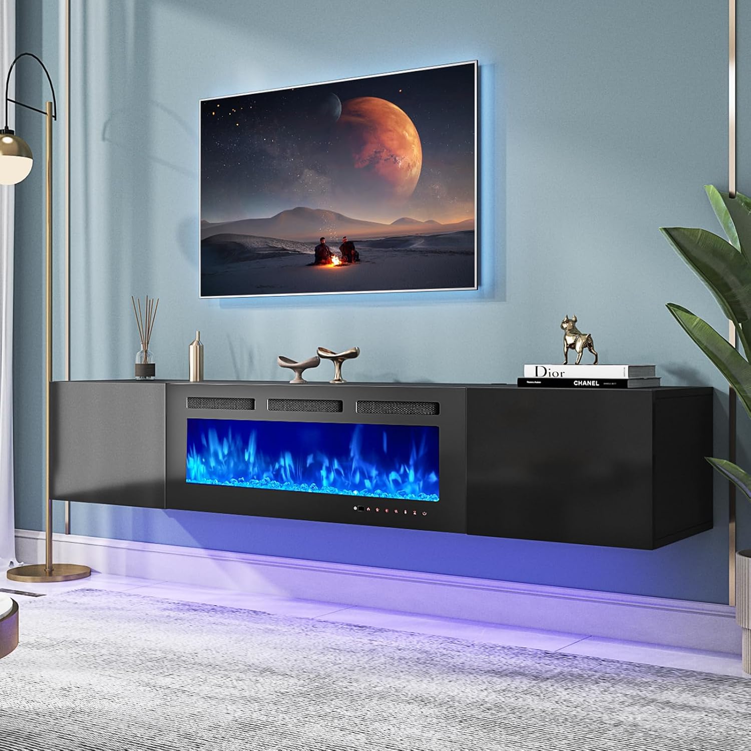 oneinmil 70" Floating TV Stand with 36" Electric Fireplace, Wall Mounted Fireplace Entertainment Center with Storage, Fire Place TV Console for Living Room, All Black