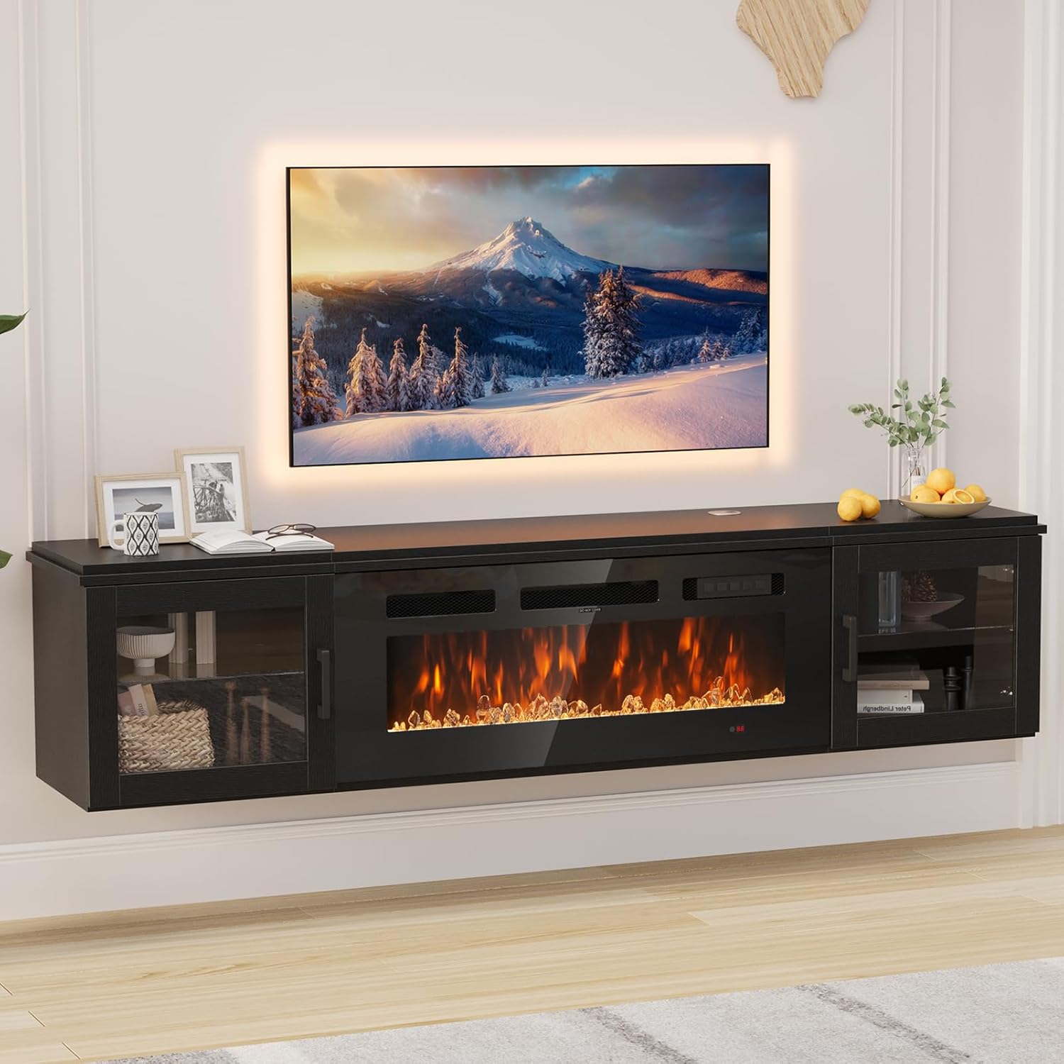 70" Floating TV Stand with 36" Electric Fireplace, High Gloss Finish Wall Mounted Fireplace Entertainment Center with Storage for TVs Up to 80", Black TV Stand and Black Fireplace