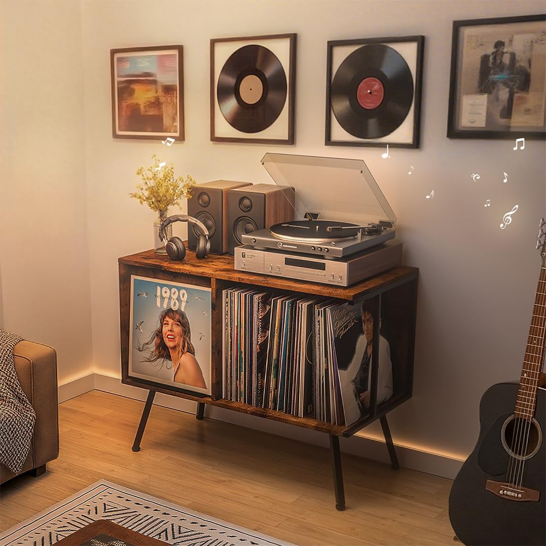 Flip Top Record Player Stand, Large Record Player Cabinet Holds up to 250+ Albums, Mid-Century Turntable Table with Open Storage, Vinyl Record Storage Display Shelf for Living Room, Bedroom, Vintage