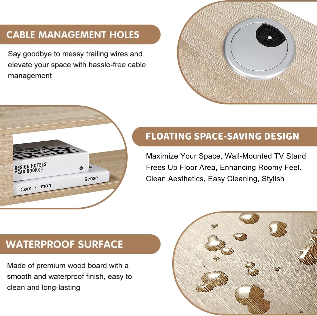 GHC Floating TV Stand, Wall Mounted Entertainment Center and Cabinet Shelf, TV Console with Storage, Media Console for DVD Player, Space-Saving Under TV Shelf for Living Room (Natural Oak)