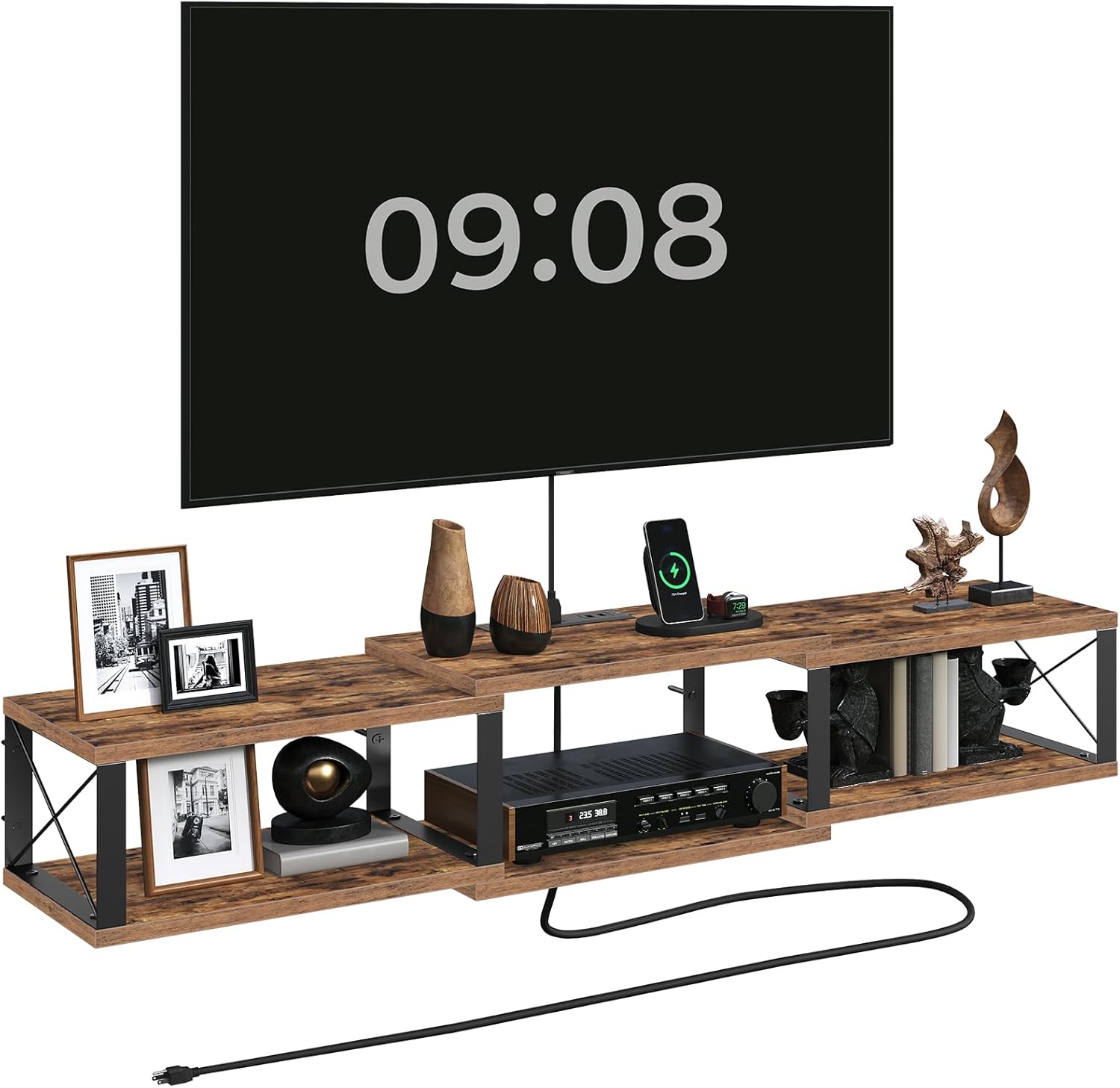 Floating TV Stand with Power Outlet, Wall-Mounted Entertainment Center with Storage, Floating Metal Frame Media Console Shelf for Under TV Storage, for Living Room, Bedroom, Black TVHB101E01