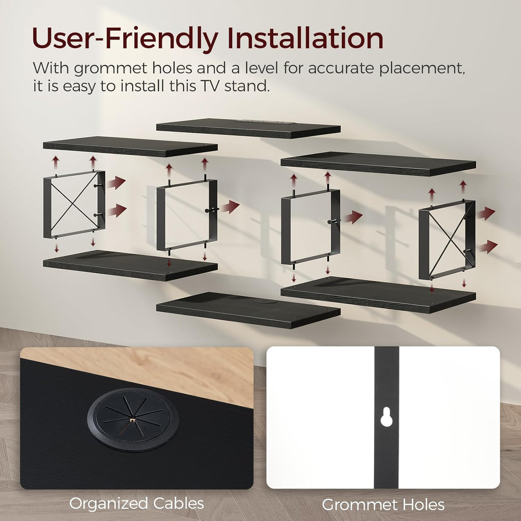 Floating TV Stand with Power Outlet, Wall-Mounted Entertainment Center with Storage, Floating Metal Frame Media Console Shelf for Under TV Storage, for Living Room, Bedroom, Black TVHB101E01