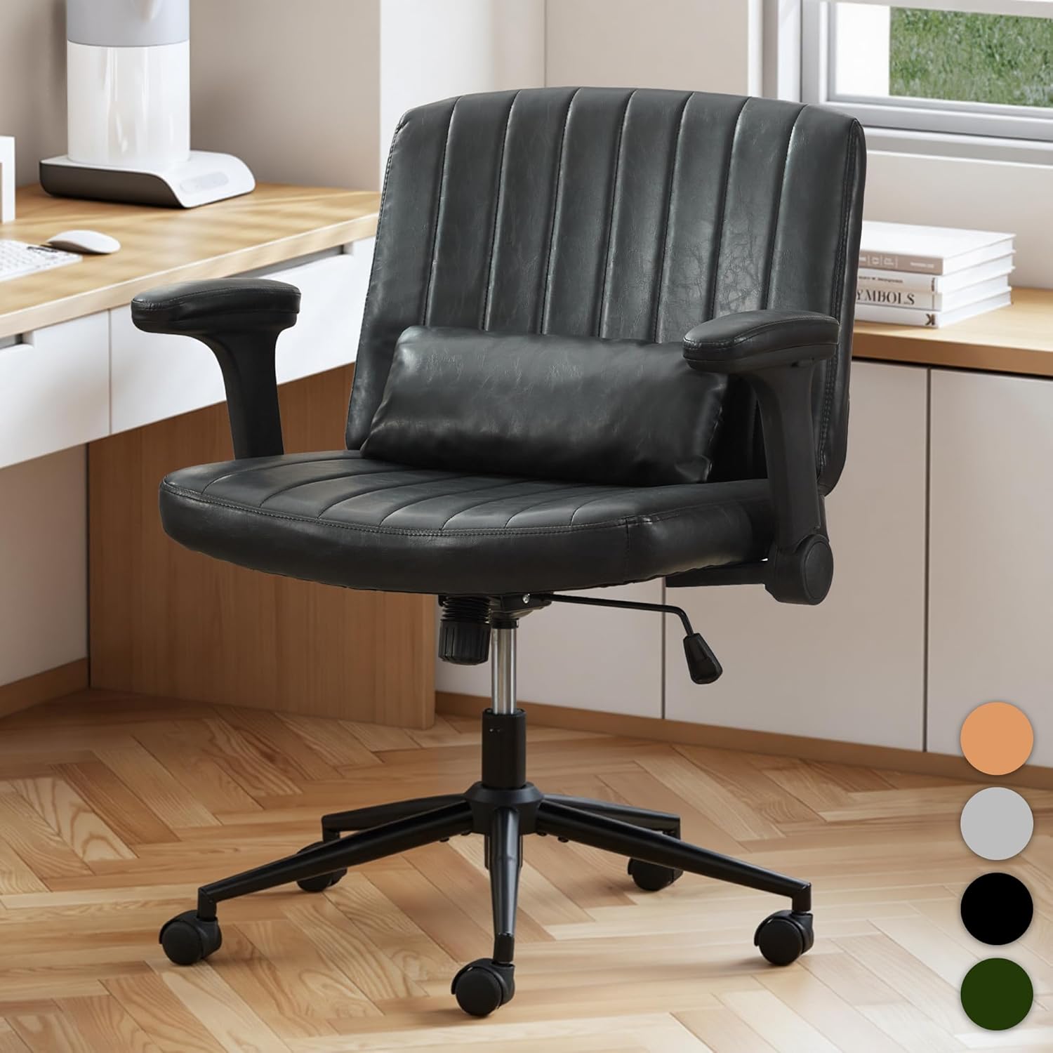 TUNYI Criss Cross Chair with Flip-Up Arms Wide Cross Legged Office Desk Chair Swivel Height Adjustable Computer Task Vanity Chair with Pillow/Wheels for Home Office, Dressing Room (Brown)