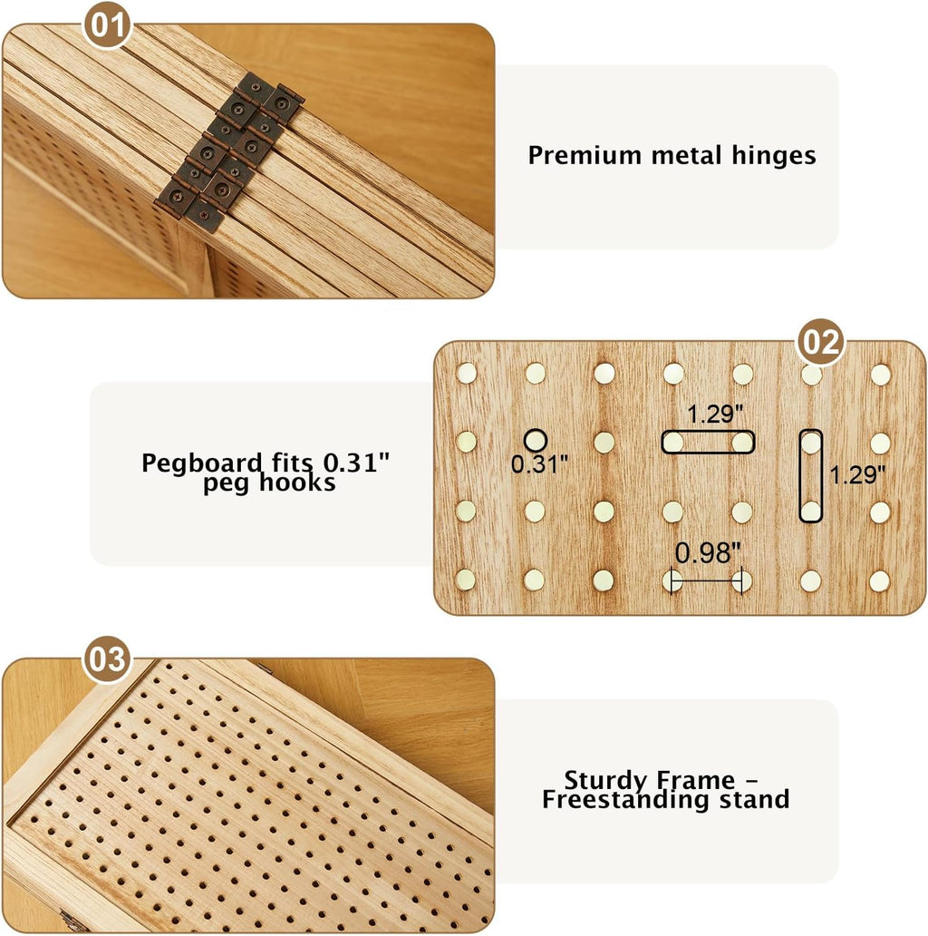 Pegboard Display, 5.6Ft Portable Freestanding Wall Organizer Wooden Room Divider Folding Privacy Screens for Craft Art Display Board (6panels, Natural)