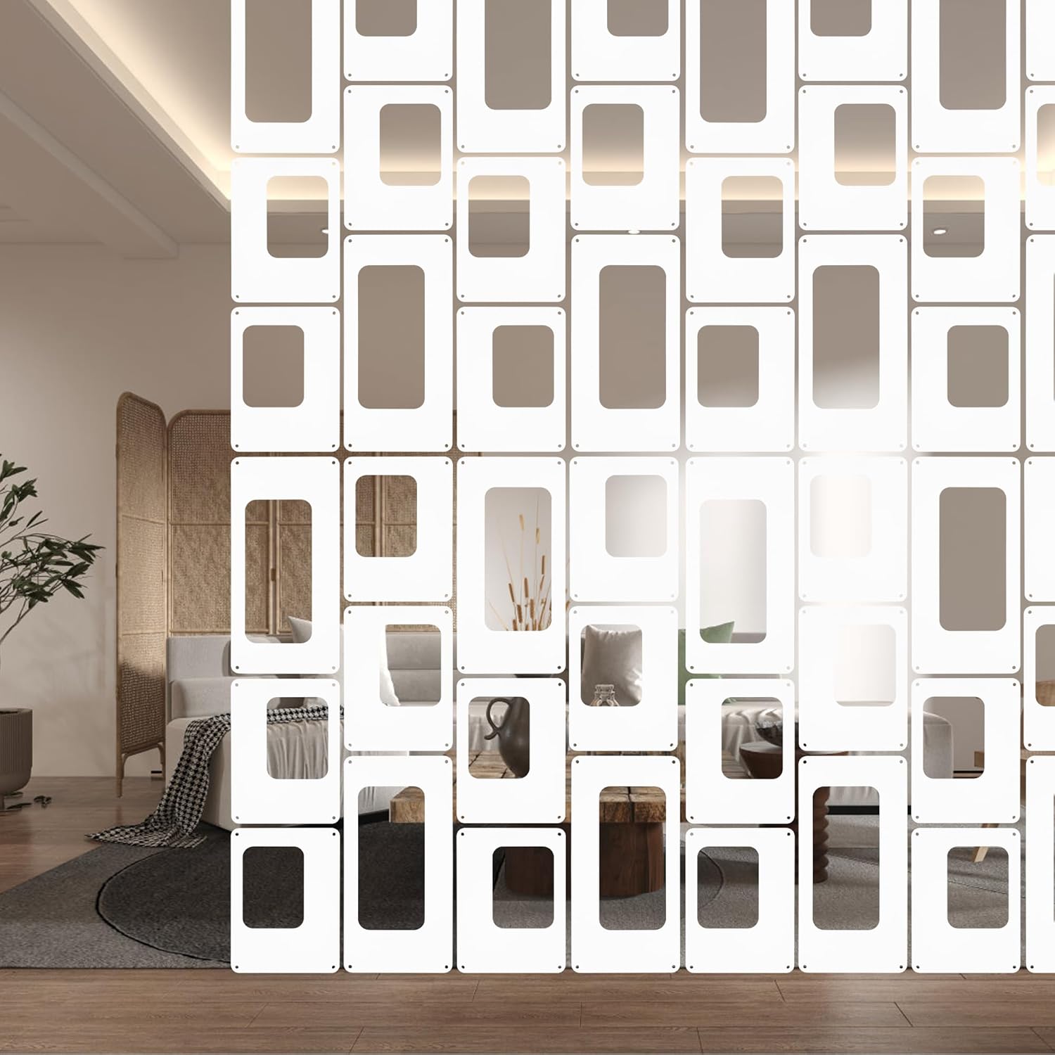 ANMINY 48 PCS Hanging Room Divider Decorative Thick Wall Privacy Screen Panels Set Modern Geometric Pattern Hollow Out Design for Bedroom Living Dining Room Kitchen Office Restaurant Decor - White