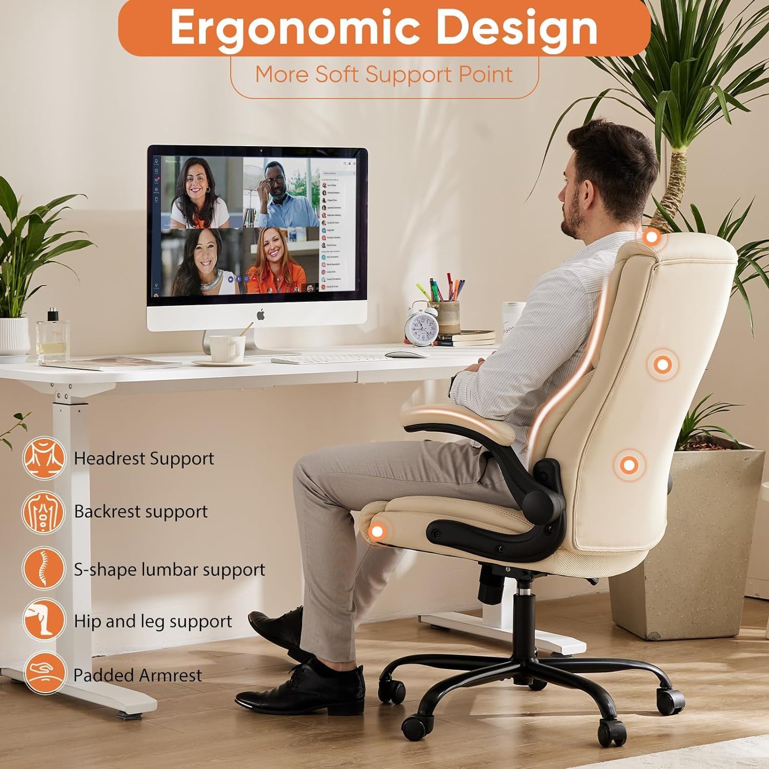 Sweetcrispy Ergonomic Office Chair Heavy Duty Task Desk Chair with Flip-up Arms, PU Leather, Adjustable Swivel Rolling Chair with Wheels, Beige