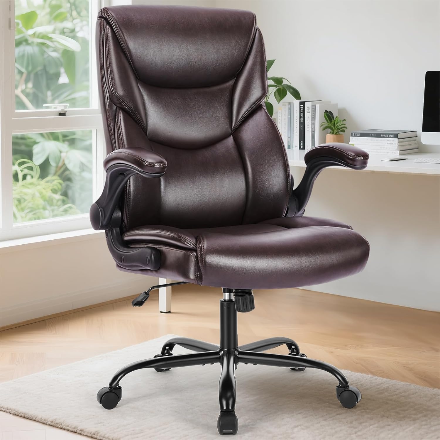 Sweetcrispy Ergonomic Office Chair Heavy Duty Task Desk Chair with Flip-up Arms, PU Leather, Adjustable Swivel Rolling Chair with Wheels, Beige